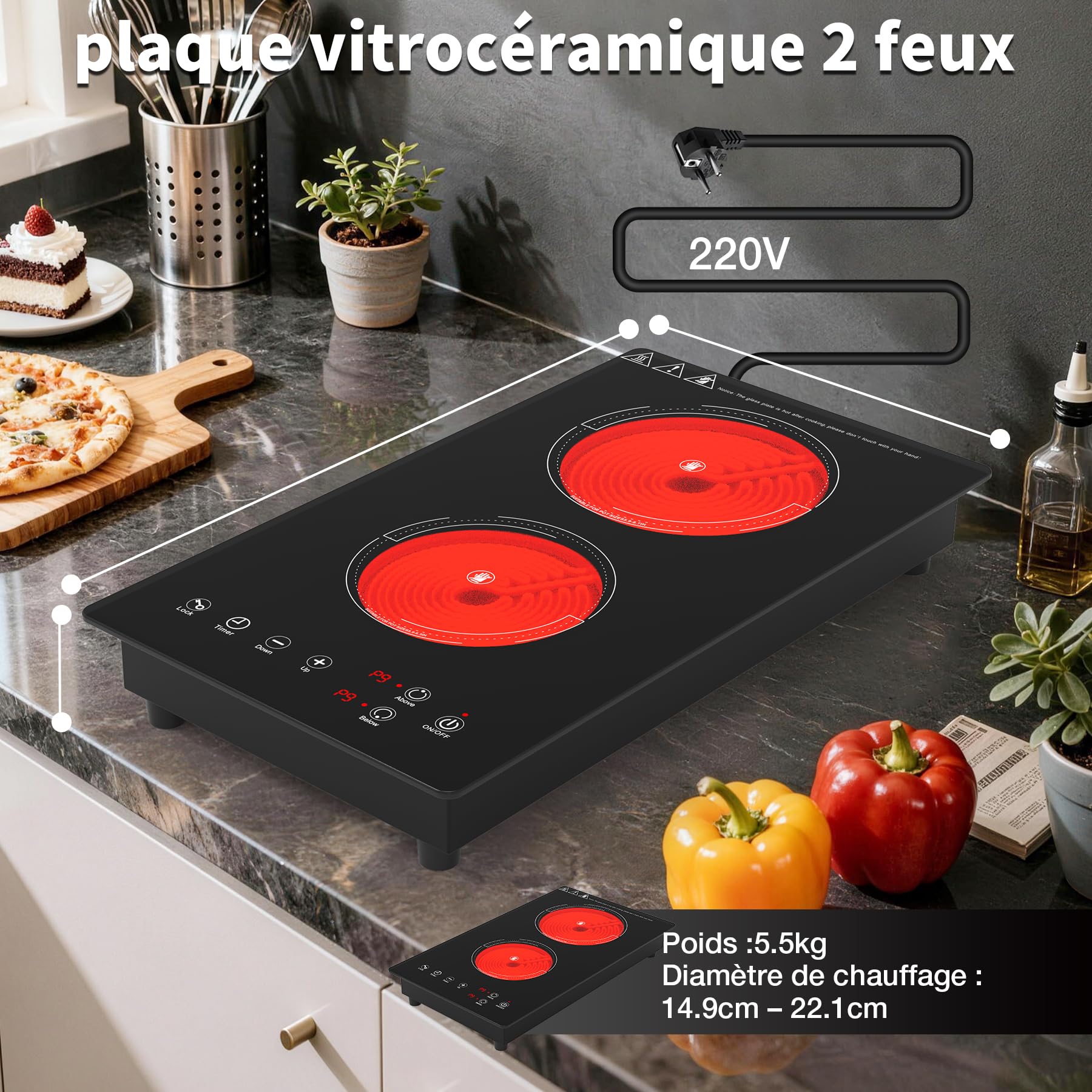 VBGK plaque de cuisson, 220V, 3000W, plaque vitrocéramique 2 feux avec commande tactile LED, 9 niveaux de puissance,Verrouillage enfant & Minuteur 4heures,plaque vitrocéramique 28.8 centimètre 2 feux