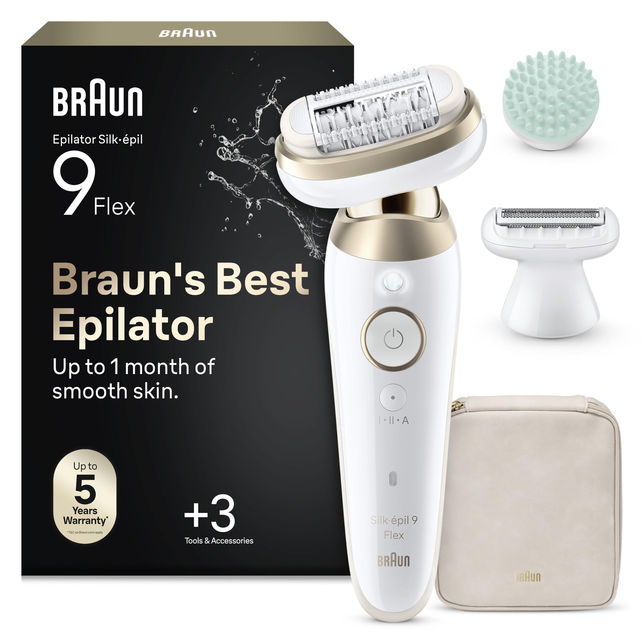 Braun Silk-épil 9 Flex Depilatore Donna, Epilatore Elettrico Donna Con Testina Flessibile 360°, Wet & Dry, Con Rasoio Donna, Cappuccio Rifinitore e Accessorio Massaggiante, 9-071 3D, Bianco/Oro