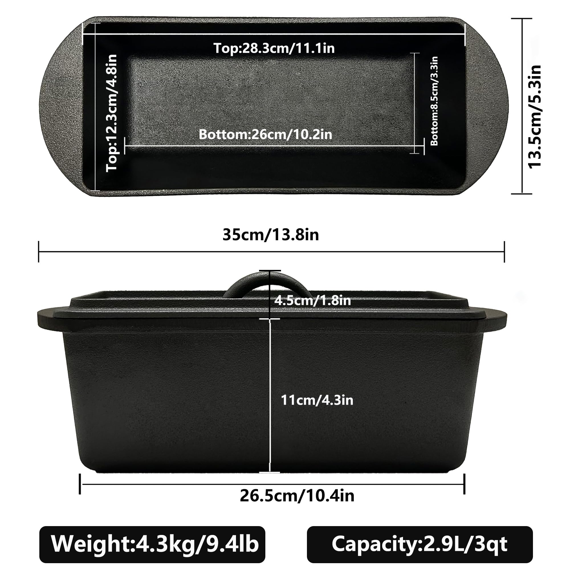 Skoxkoc Cast Iron Bread Loaf Pan with Lid - 11x5 Inch Heavy Duty Dutch Oven for Sourdough Baking & Artisan Bread Pre-Seasoned Sandwich, 3 Quart Nonstick Loaf Pan for Home Kitchen Restaurant