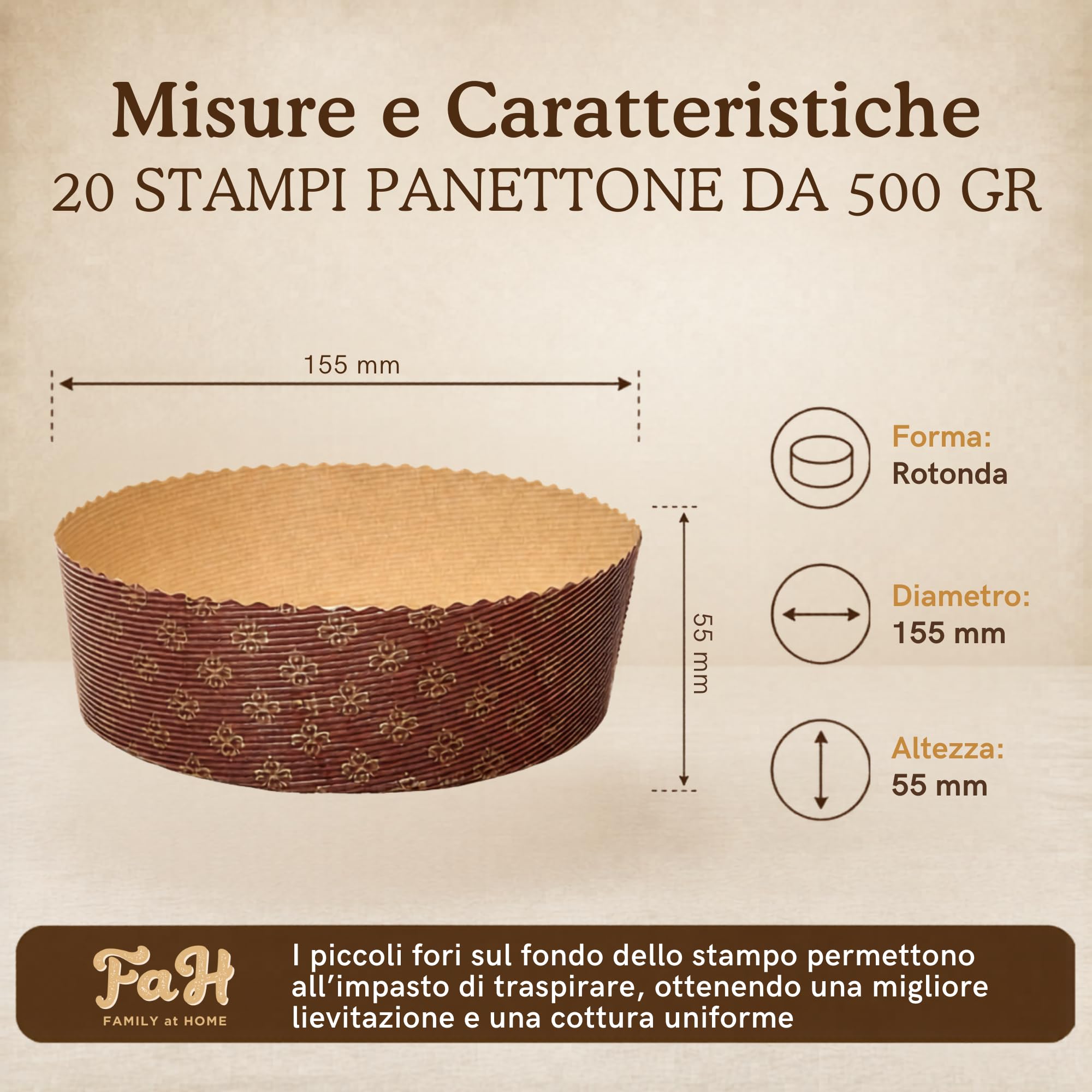 FAH - Stampo Panettone Basso 500 gr Qualità Premium (20 pz) - Pirottini Panettone Professionale di Carta Ondulata di Pura Cellulosa in Microonda Progettato per Panettoni, Resistente al Calore 220°C
