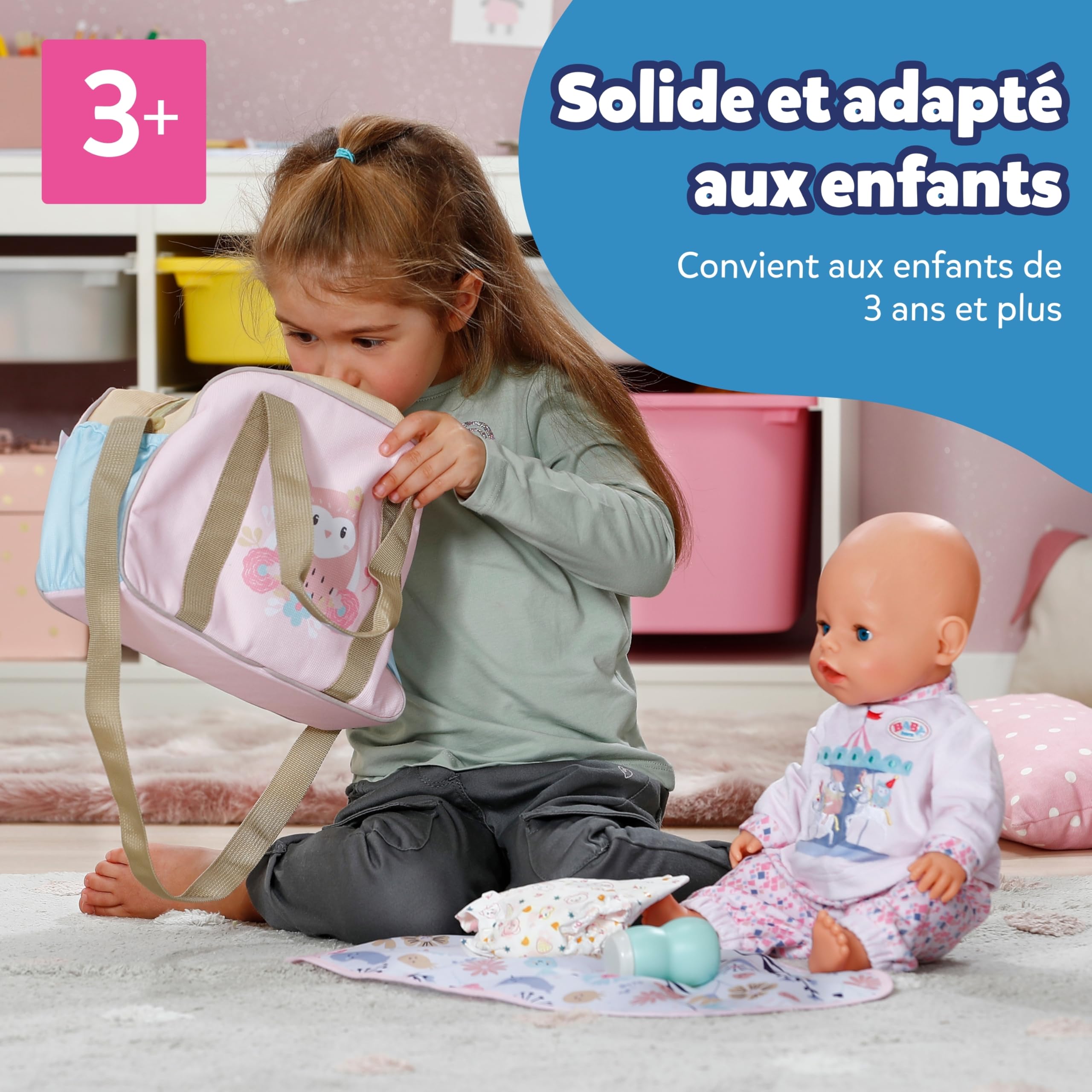 BABY born Sac à langer – Sac à langer pour poupées avec motif fleuri – Inclut tapis à langer, couche & boîte de poudre – Accessoire de poupée haut de gamme – Pour poupées de 36 cm & 43 cm