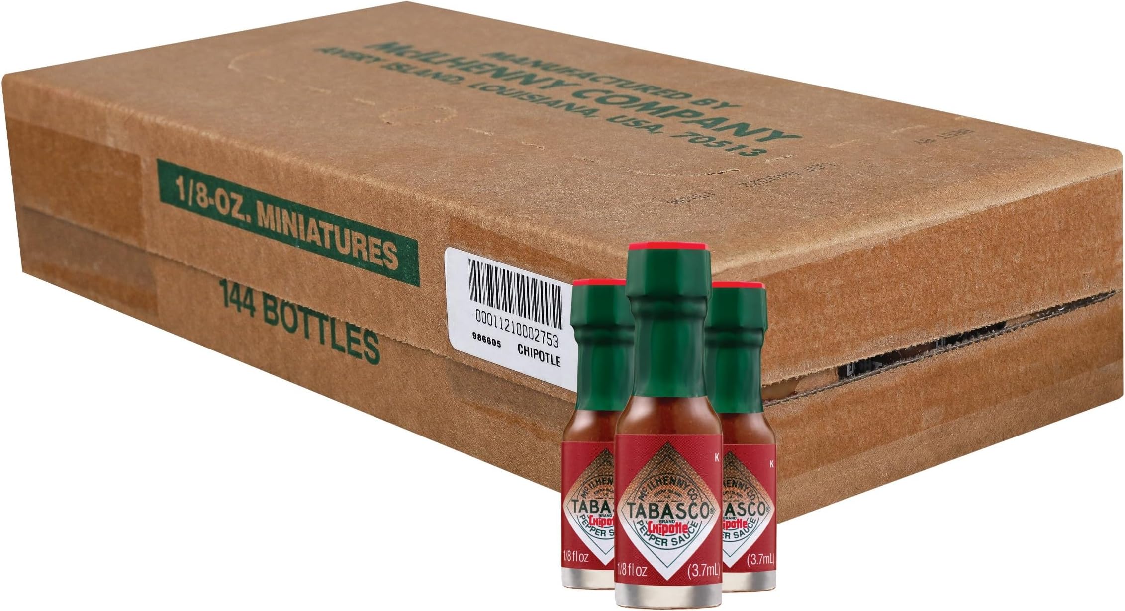 TABASCO Brand Chipotle Pepper Sauce, Medium Hot Sauce, Mini Glass Bottles, Chipotle Peppers, Smoky & Smooth, Great for Travel, Gifts, Meat & More, 1/8 Oz Mini Bottles (Pack of 144)