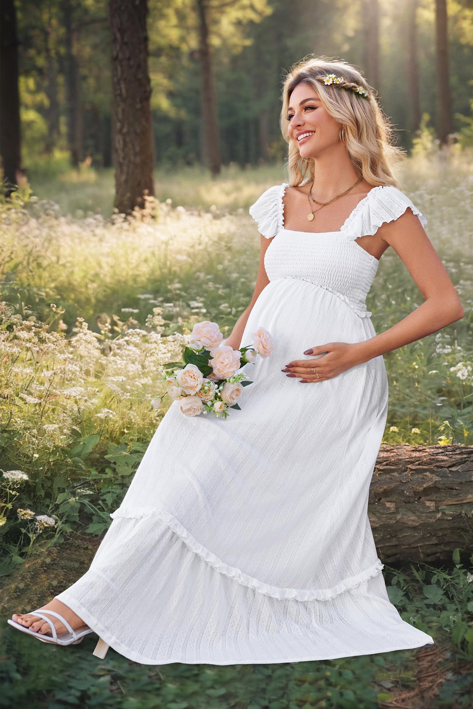 OUGES Mujer 2025 Verano Vestido Tranquilo Rüschenärmel Boho Maxi Vestido de Edad
