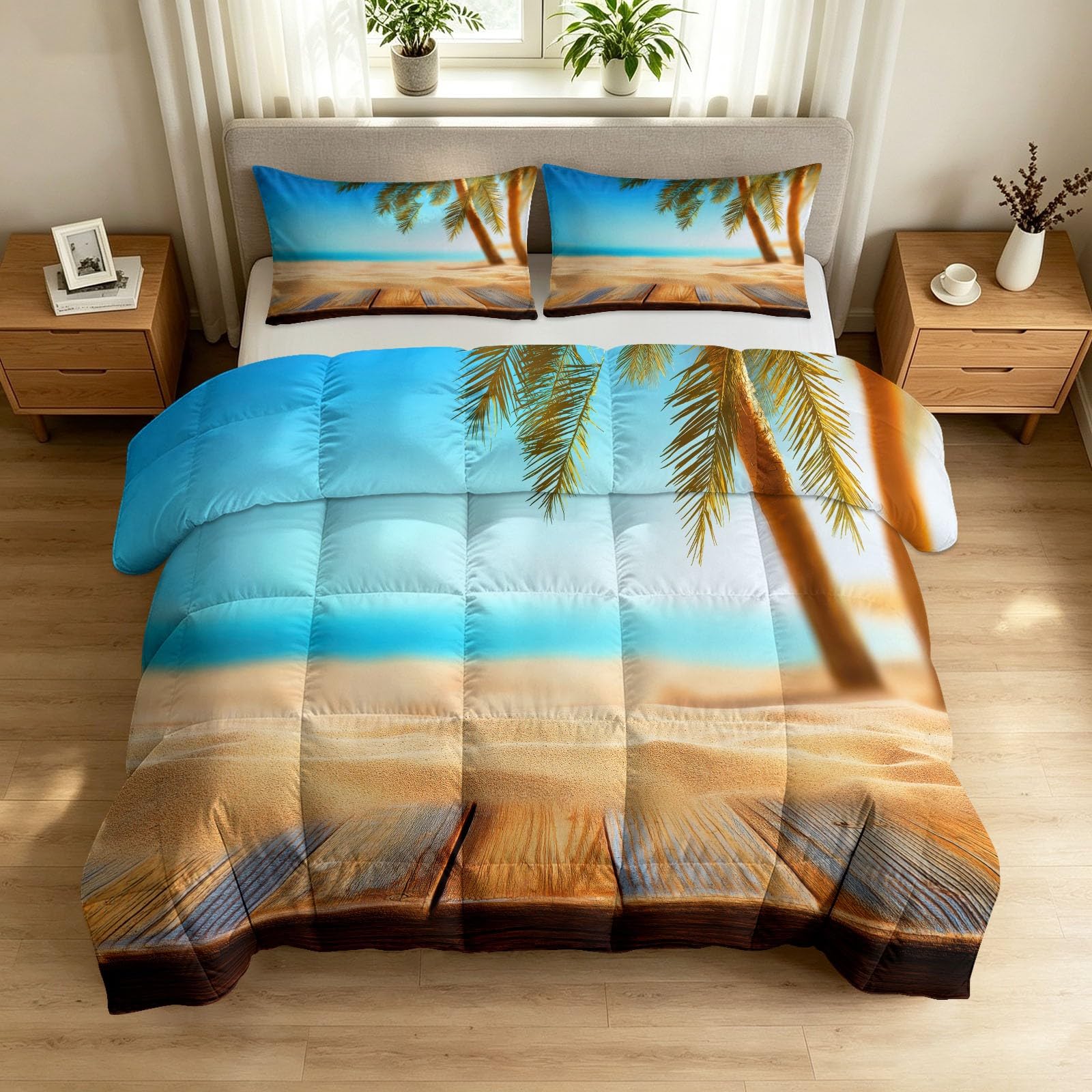 Edredón lavable a máquina de 4 estaciones para cama matrimonial con paisaje azul de playa