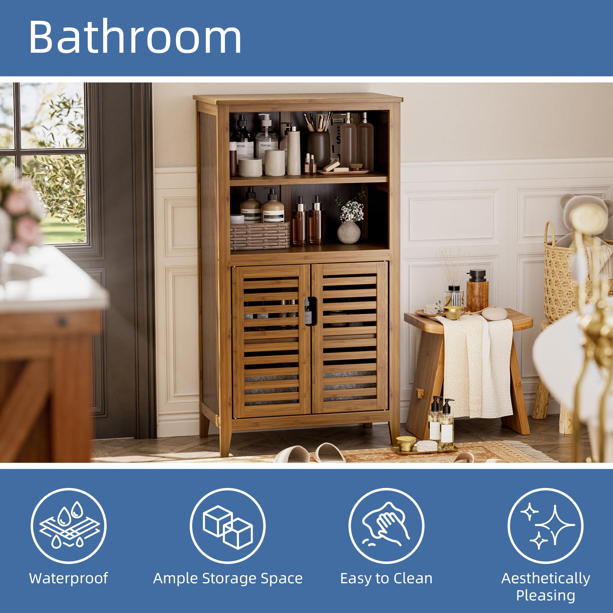 HITNET Mobiletto Bambu Bagno, Armadietto Bagno da Terra, Mobile Bagno Basso con Ripiani Rimovibili e Compartimento Aperto, adatto per Soggiorno, Cucina e Corridoio, Noce