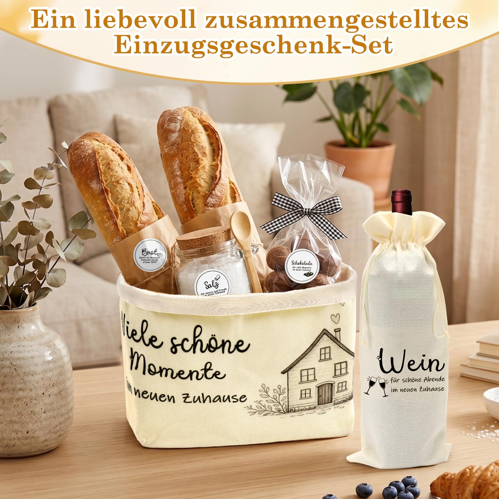 WALLFID Einzugsgeschenke Wohnung,Geschenk Zum Einzug Beinhaltet Brotkorb,Weinbeutel,Holz-Salzlöffel,Sticker für Brot,Salz & Schokolade,Viele schöne Momente im neuen Zuhause