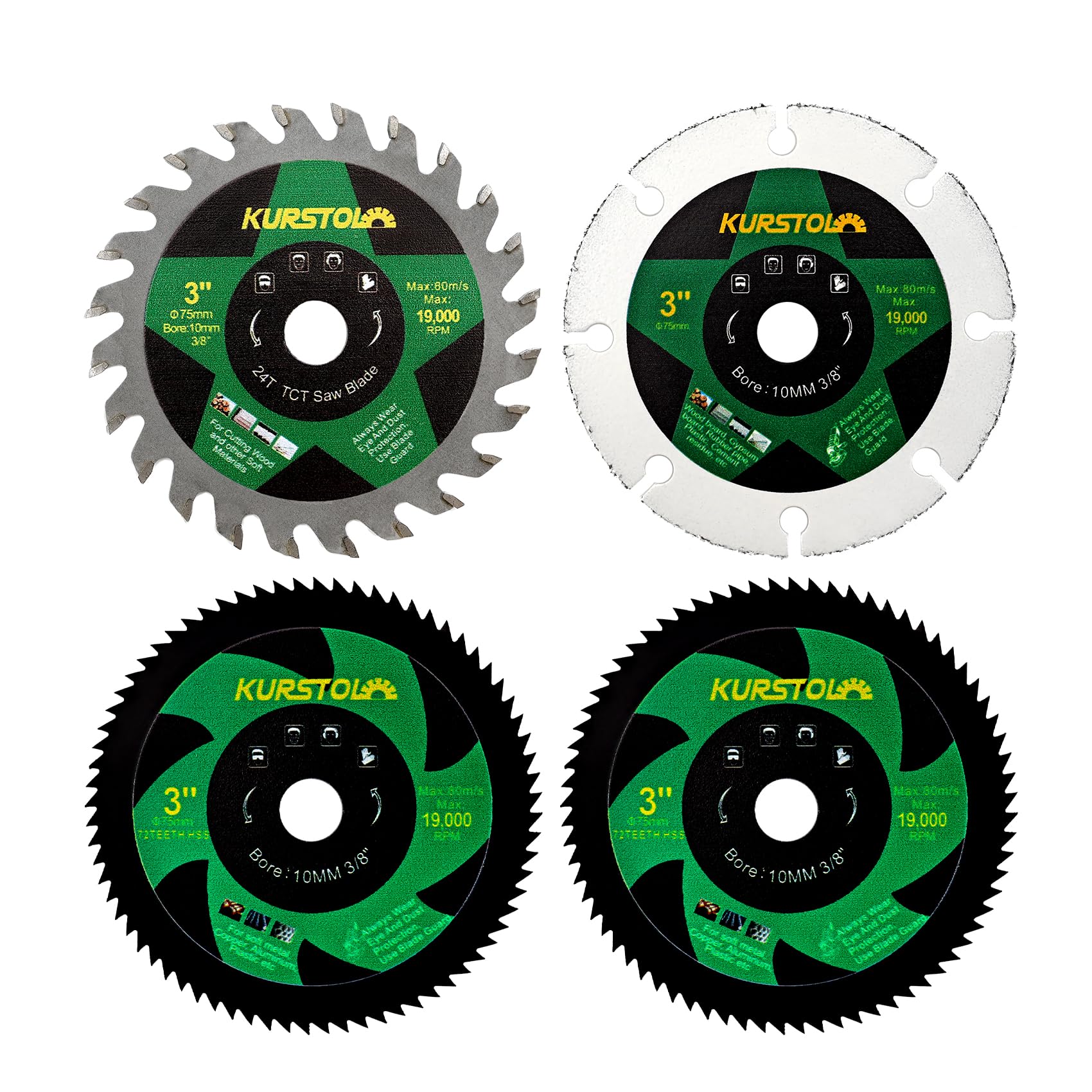 KURSTOL Saw Blade Set - 4pcs 75mm Cutting Disc for Wood Metal Plastic with 10mm Bore for Mini Angle Grinder