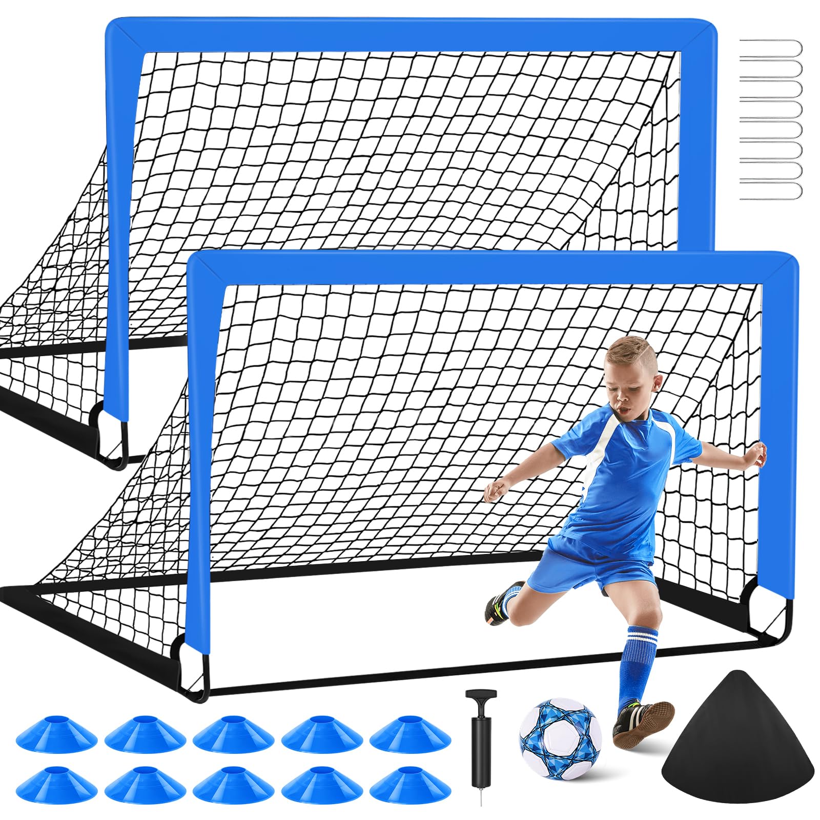 2 Soccer Goal of 4X3 FT for Backyard, Portable Football Goal Training Equipment with Soccer Ball, 10 Football Cones, Carry Bag, Practice Net for Youth Games, Sports - Blue