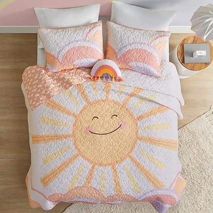 Intelligent Design Kids Queen Bedding Set Cotton Sun Full Size Quilt Sets for Girls Rainbow & Clouds Reversible Queen Coverlet Dawn Light & Breathable Sham Throw Pillow Full/Queen Yellow/Coral 4 Piece