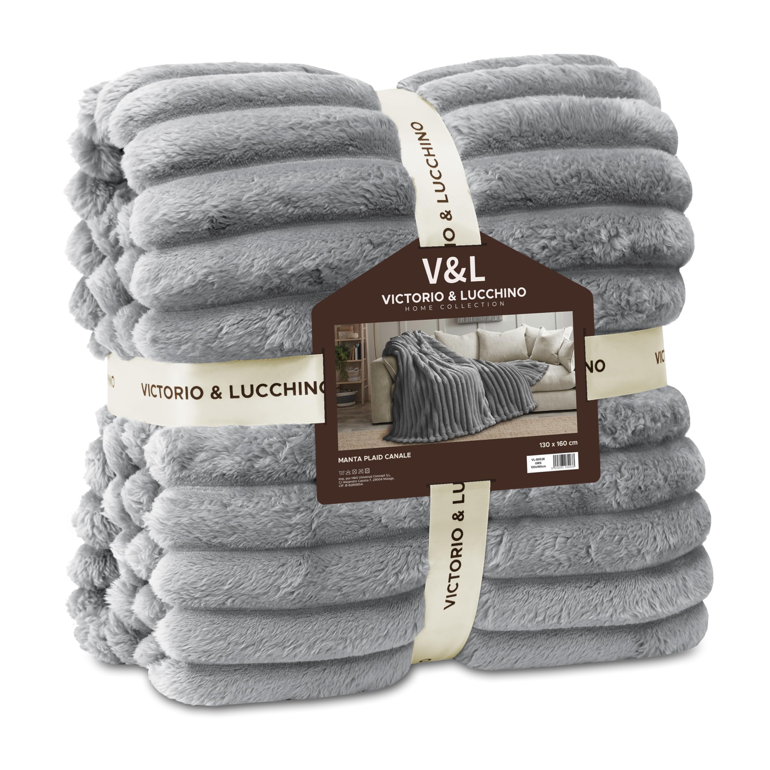Victorio & Lucchino V&L Manta Canale Extra-Suave 450g para Sofá o para Cama. Cálida con Reverso sin Borrego. Transpirable para Invierno (80528-GRIS, 130X160cm)