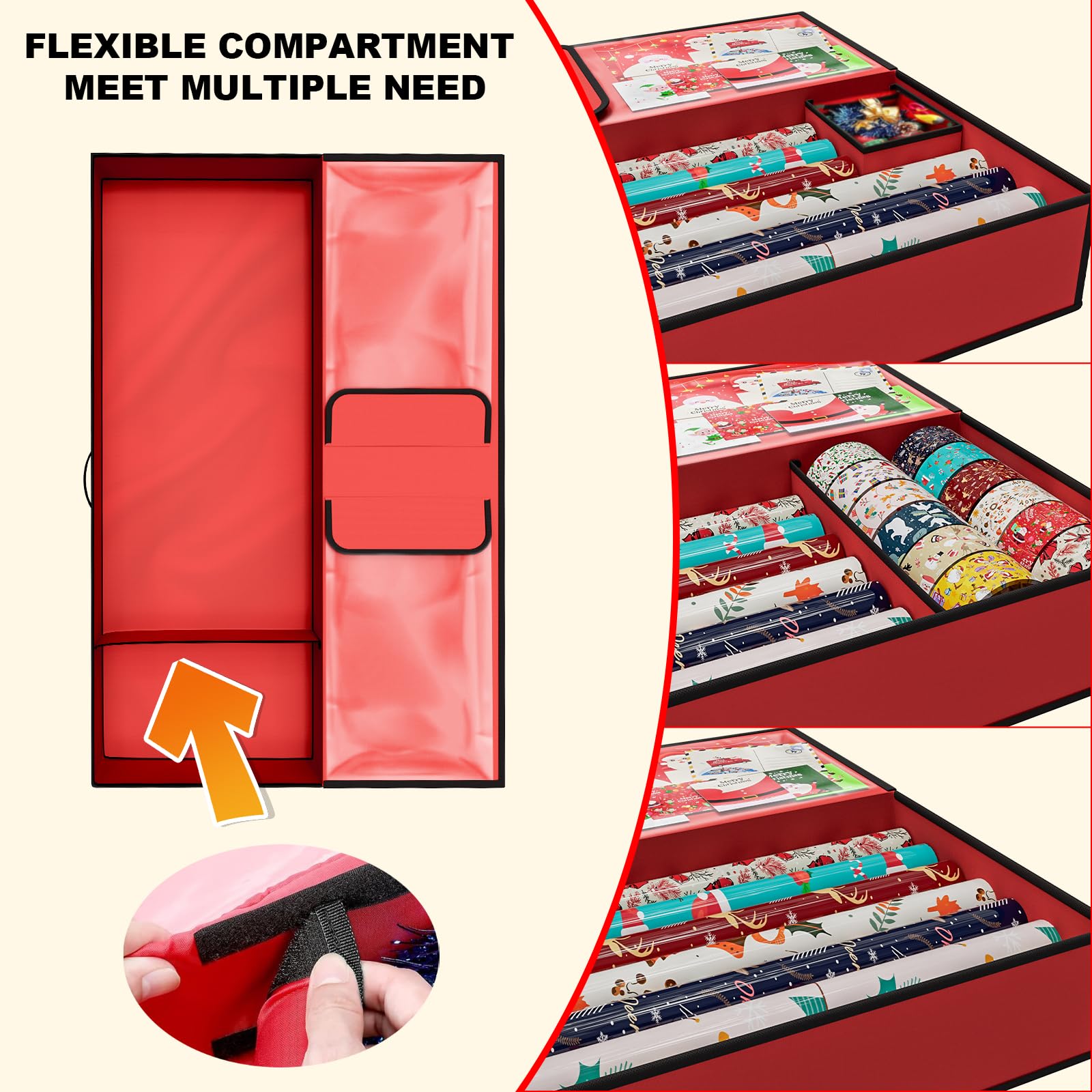 KYEVIS Borsa per carta da regalo natalizia con tasche multiple, adatta per 24 rotoli, scatola organizer per decorazioni natalizie per fiocchi, etichette, forbici e nastri (rosso)