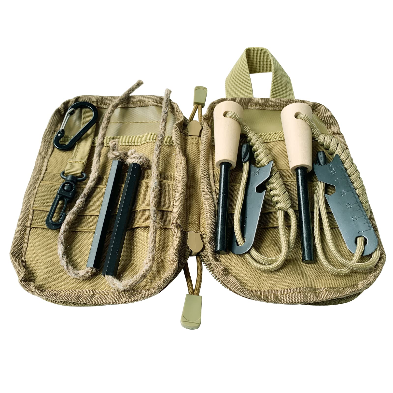 Fire Starter Survival Kit, größere Ferrostange mit Striker Lanyard 7,6 cm langer Feuerstein und Stahl, 35,1 cm Docht Hanfschnur, multifunktionale Tasche (Braun - Mehr Zubehör) | Größere Ferro-Rute mit Schlagband, 7,6 cm langer Feuerstein und Stahl, 35,1 c