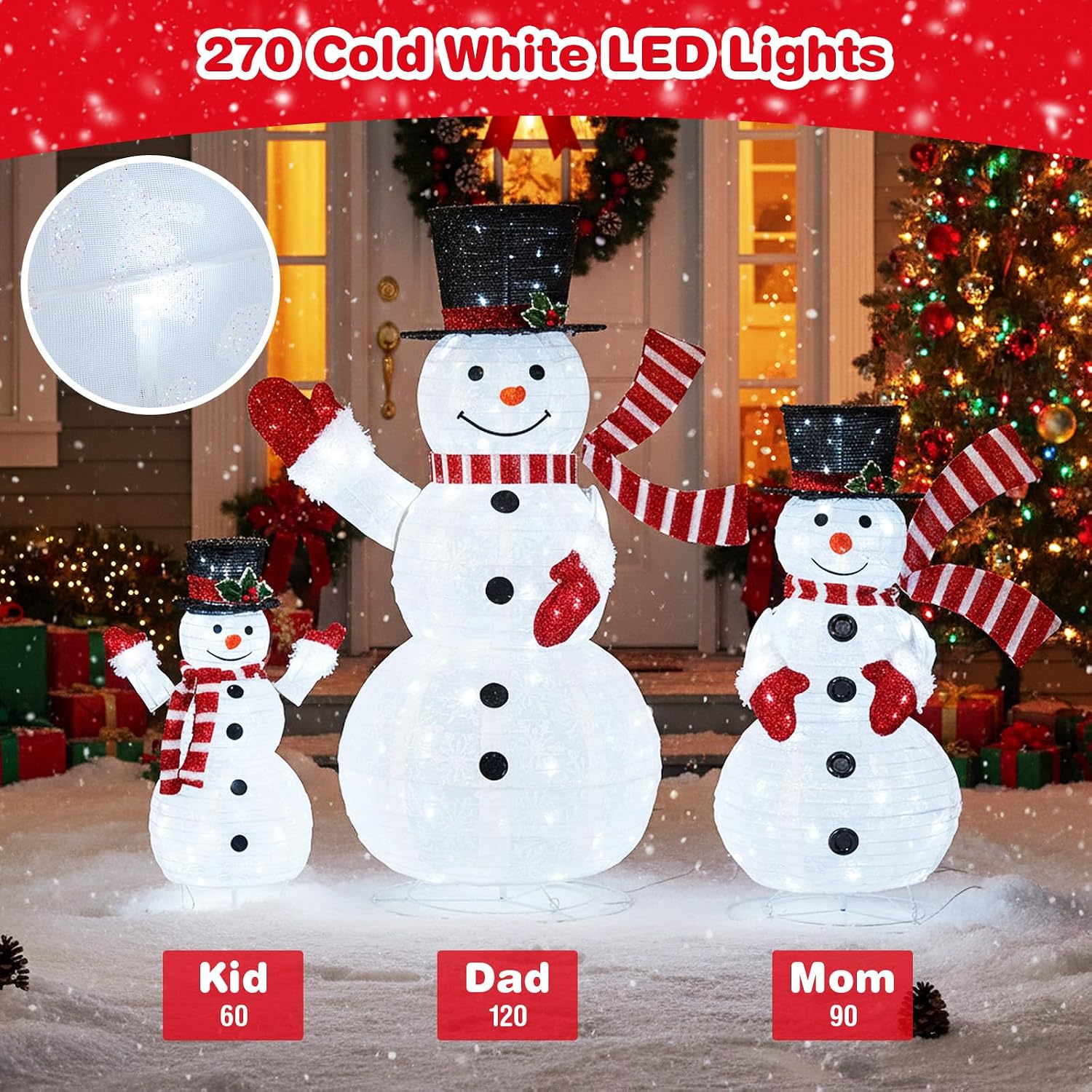 GOFLAME 3-Piece 3D Lighted Outdoor Snowman Family Set, 4.1FT Pre-Lit Snowman Holiday Decorations with 270 Cold White LED Lights, Christmas Yard Decor for Patio, Garden, Lawn