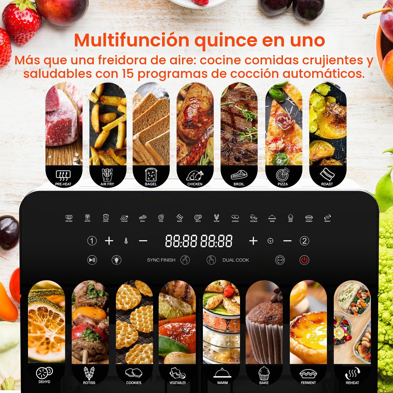 Freidora de Aire Dual Zone 23L, Air Fryer XXL con divisor extraíble, Freidora sin aceite con puertas French Door, 15 programas, Gran ventana, 5 juegos de accesorios, Libro de recetas