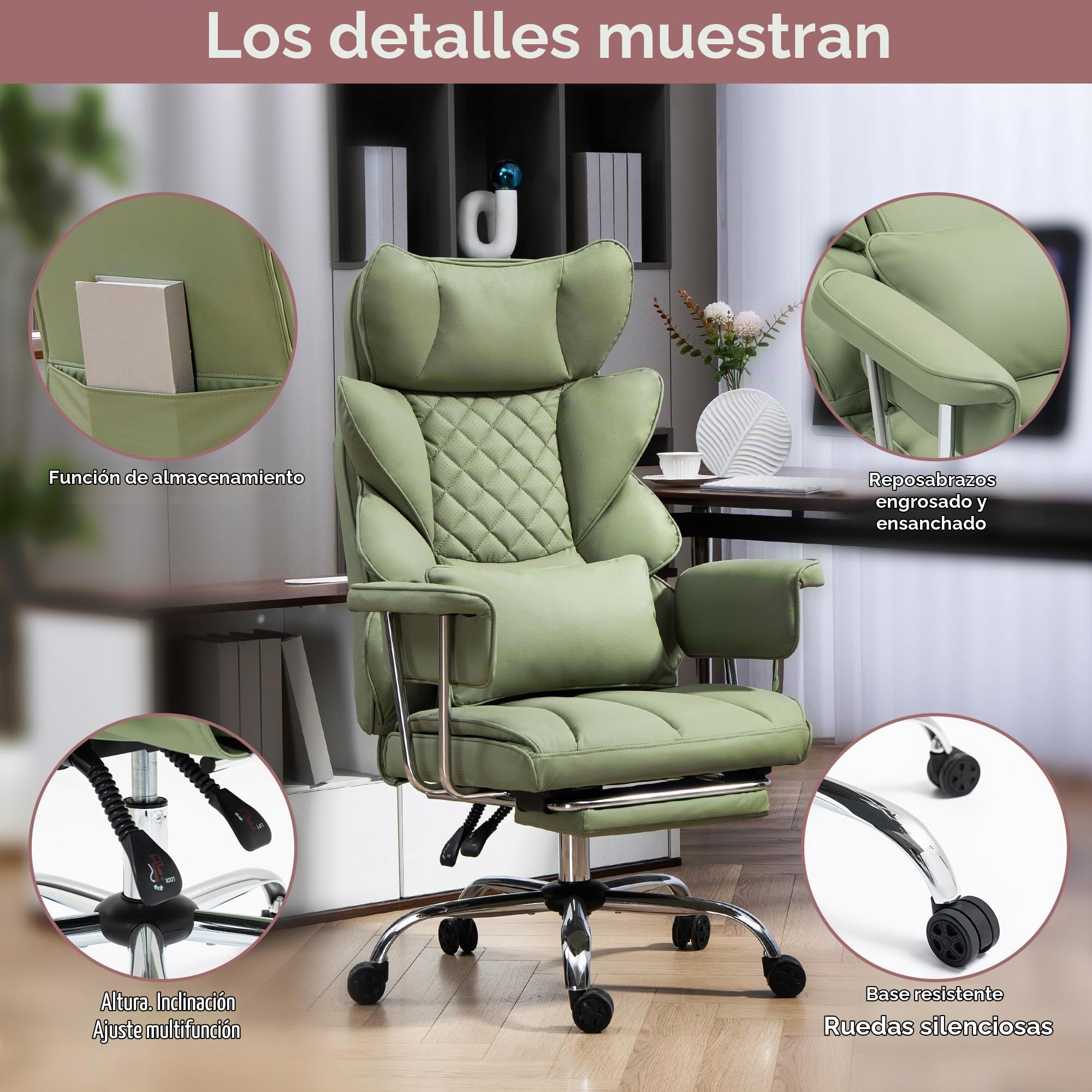 Silla de Oficina con Reposapiés - Silla Ergonómica para Gaming y Ejecutivos, con Giro de 360°, Respaldo Ajustable de 90°-135° y Reposabrazos Suaves para Máxima Comodidad (Verde)