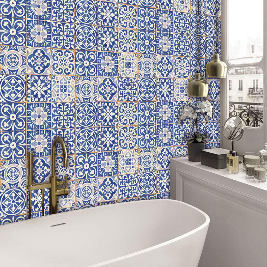 24 pz Blu e Bianco Piastrelle di Porcellana Adesivo Peel Stick Pavimento Stickers Murali Backsplash Impermeabile Fai da Te Autoadesivo Cucina Bagno Decorazione 20x20 cm