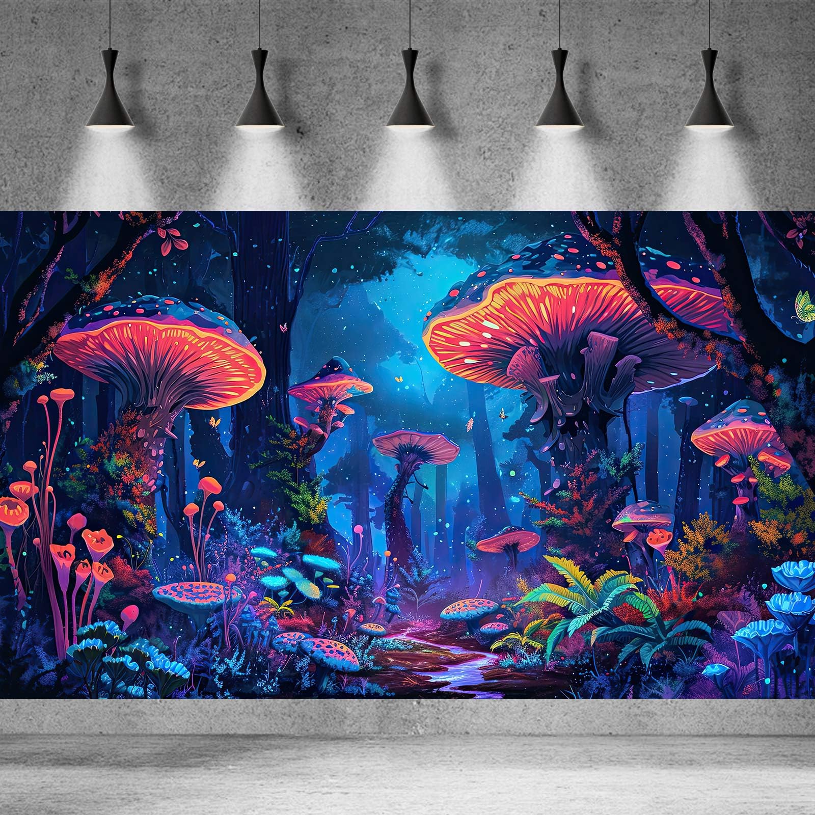 Fondo de acuario de setas, flores brillantes, mariposas, peceras, telón de fondo, decoración de paisaje trippy del país de las maravillas con hongos místicos gigantes, decoración de fondo de terrario,