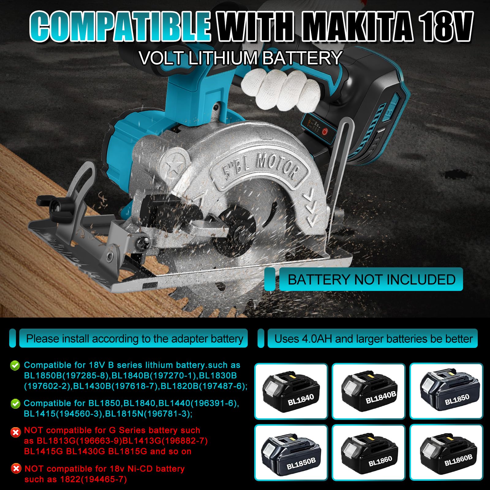 Sierra circular de batería de 41 mm, compatible con batería de litio Makita de 18 V (sin batería), mini sierra circular sin escobillas, sierra circular manual con 2 hojas de sierra (125 mm), con