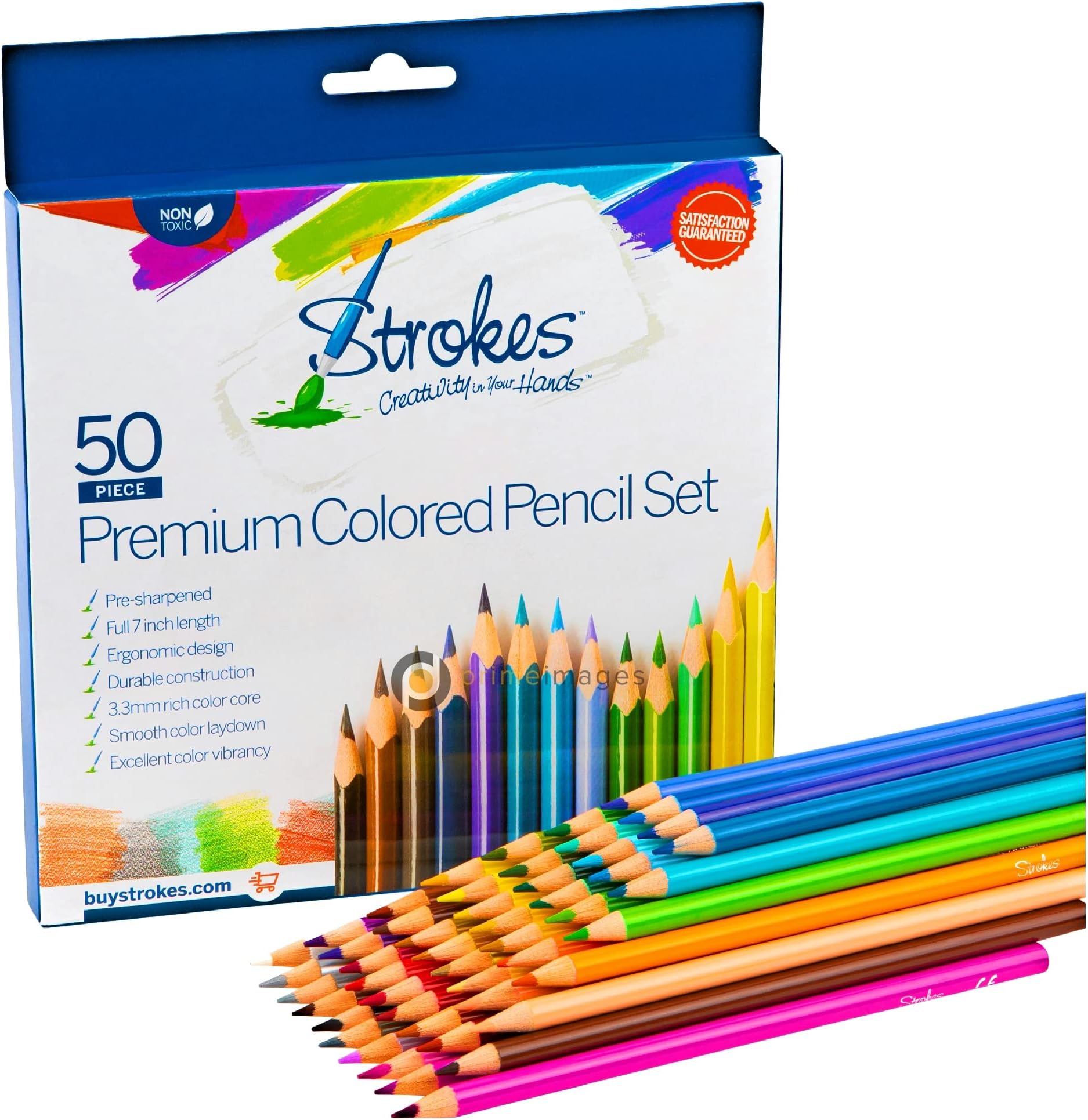 Strokes Art 50 Piece Artist Grade Premium Quality Colored Pencil Set Pop Colors, 7 Inches Long, Sharpened, 3.3 Smooth Lead