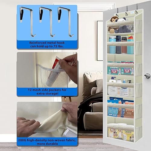 Miniatura 3 de Organizador sobre la puerta, tablero de bambú sólido (no plástico). 6 niveles resistente 75 libras, 12 bolsillos laterales, 3 ganchos reforzados y