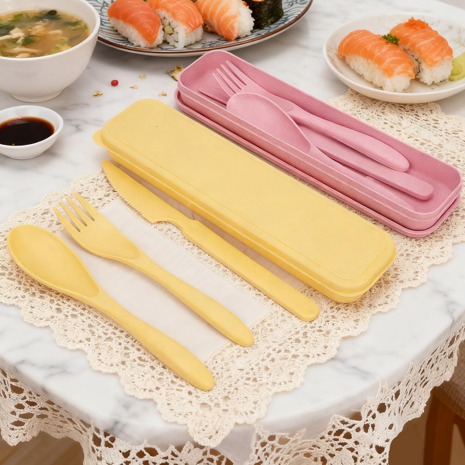 Set Di Posate Da Viaggio Con Custodia, Set Di Posate Riutilizzabili In Plastica Per Campeggio Viaggio~p139330746