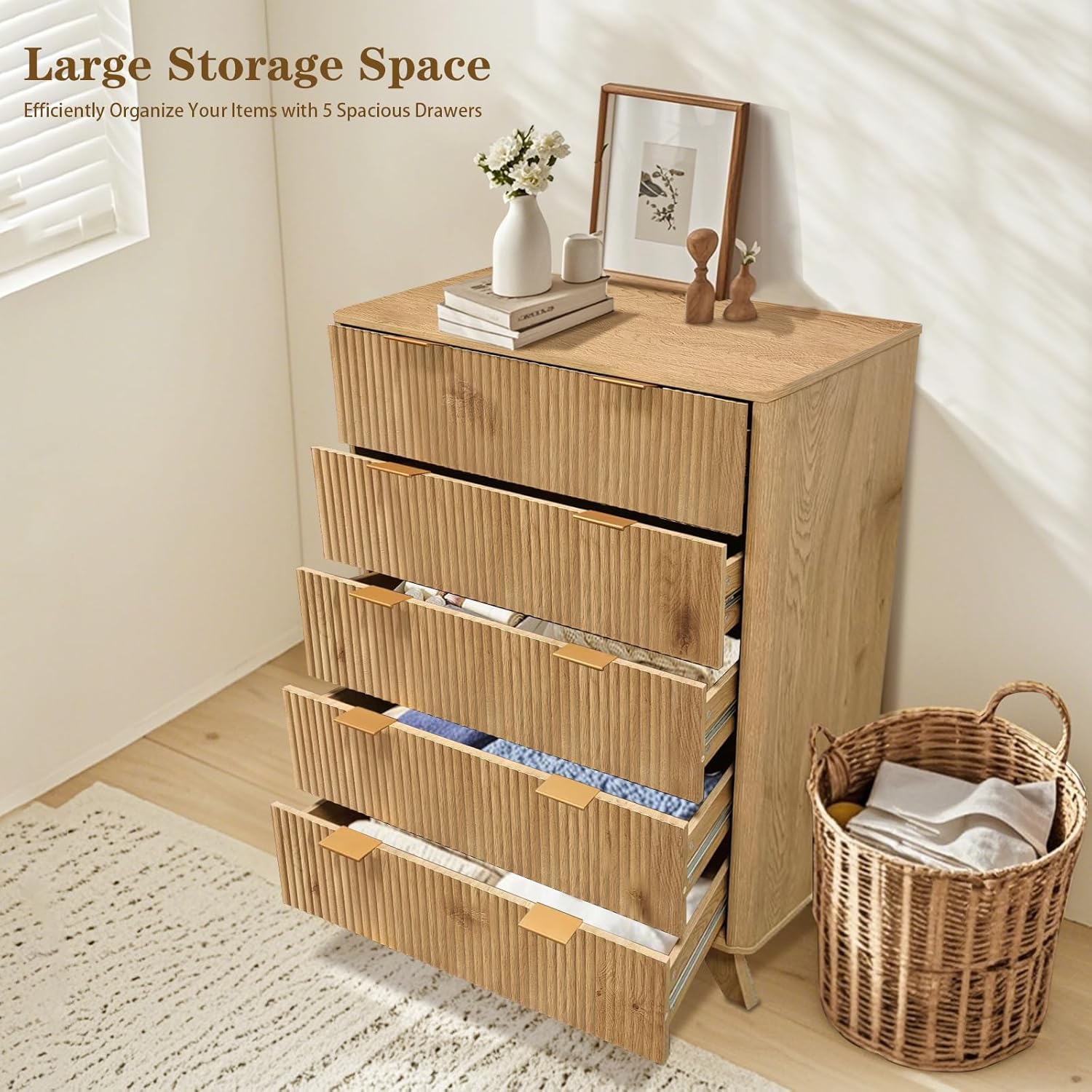 5 Drawers Dresser for Bedroom, 48" Tall Mid Century Modern Dresser Chest of Drawers, Fluted Tall Dressers for Bedroom, Living Room, Hallway, Entryway, Black