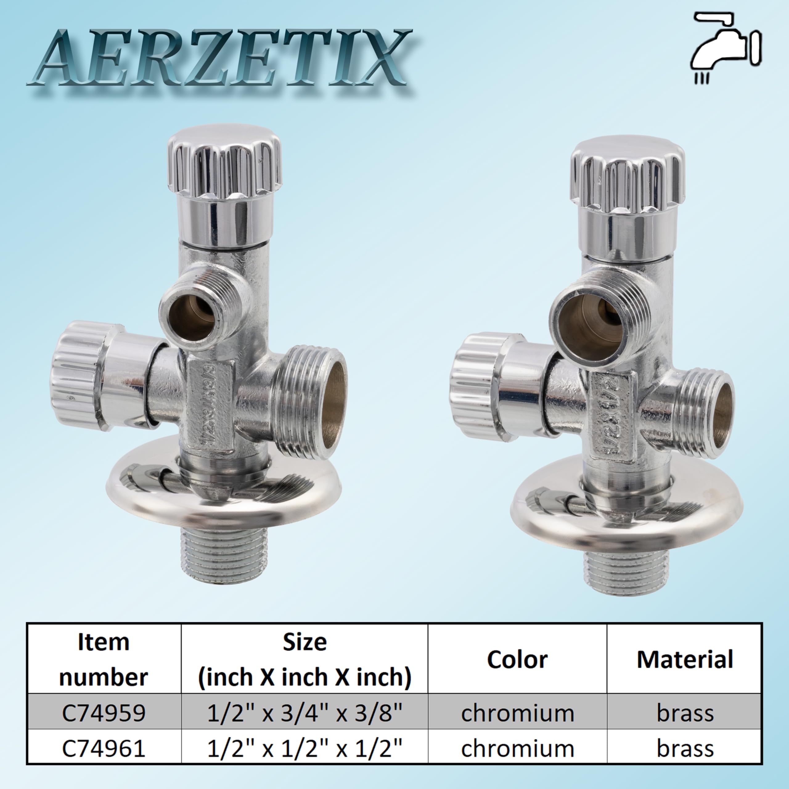 AERZETIX - Robinet Équerre à Doubles Sorties 1/2"x1/2"x1/2" avec Rosace et Joint PTFE - en Laiton - Finition Nickelée - Vanne Eau Potable Sanitaire Raccord Lavabo Salle de Bain Cuisine - C74961