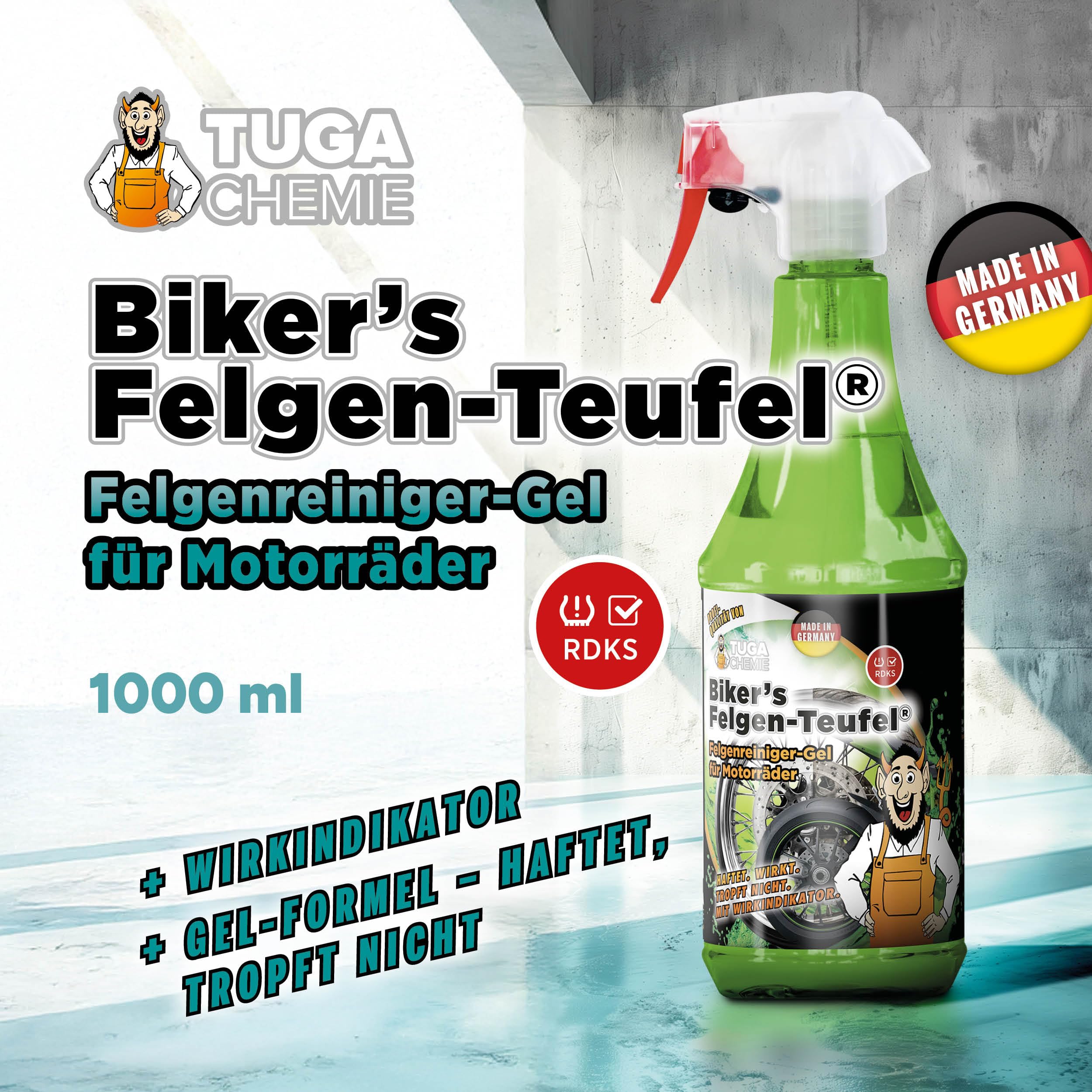 TUGA Chemie Biker's Felgen Teufel 1L Set – Felgenreiniger, Felgenbürste & Felgenpinsel