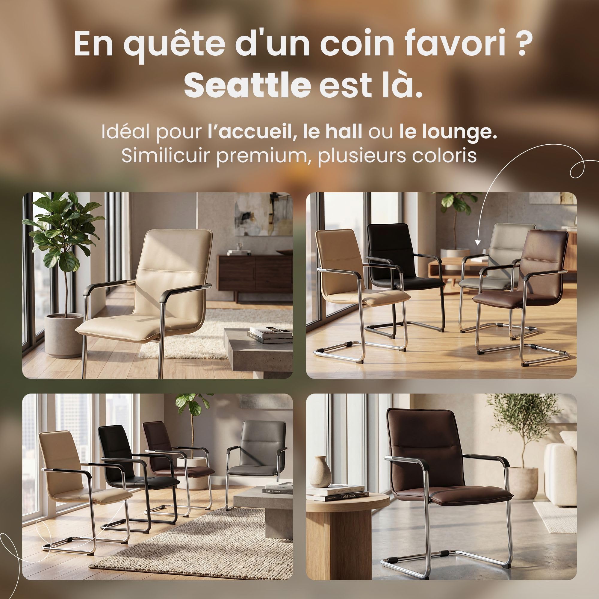 CLP Lot de 2 chaises Cantilever avec accoudoirs Seattle, chaises de Salle ŕ Manger Modernes rembourrées avec revętement en Simili-Cuir, Couleur:Blanc