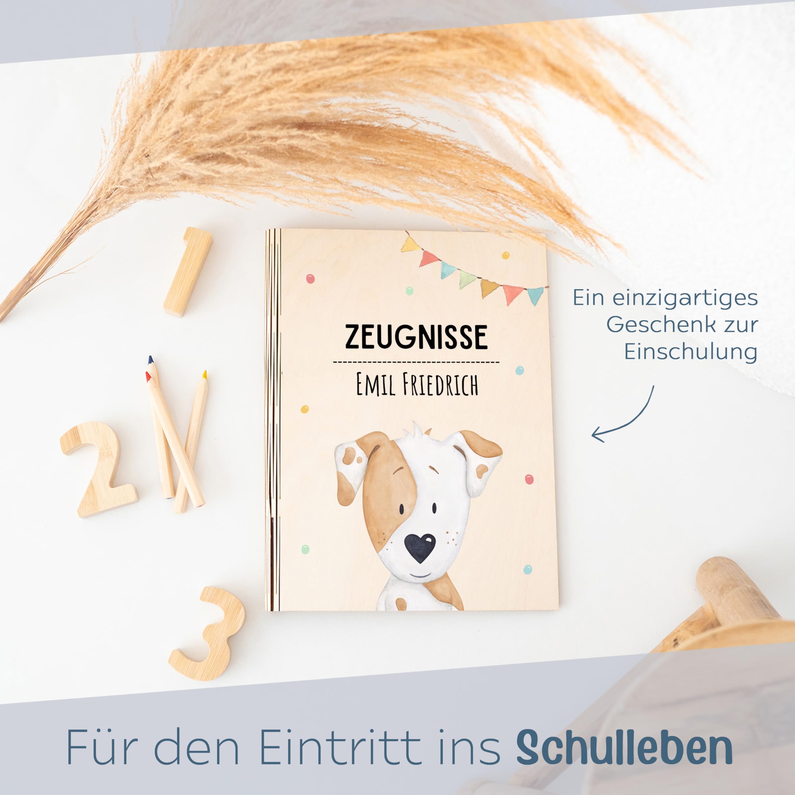 Wunderwunsch® - Personalisierte Zeugnismappe aus Holz Mit Hochwertigem Spezial-Druck - Einschulung Geschenk für Jungen & Mädchen (Hund Girlande)