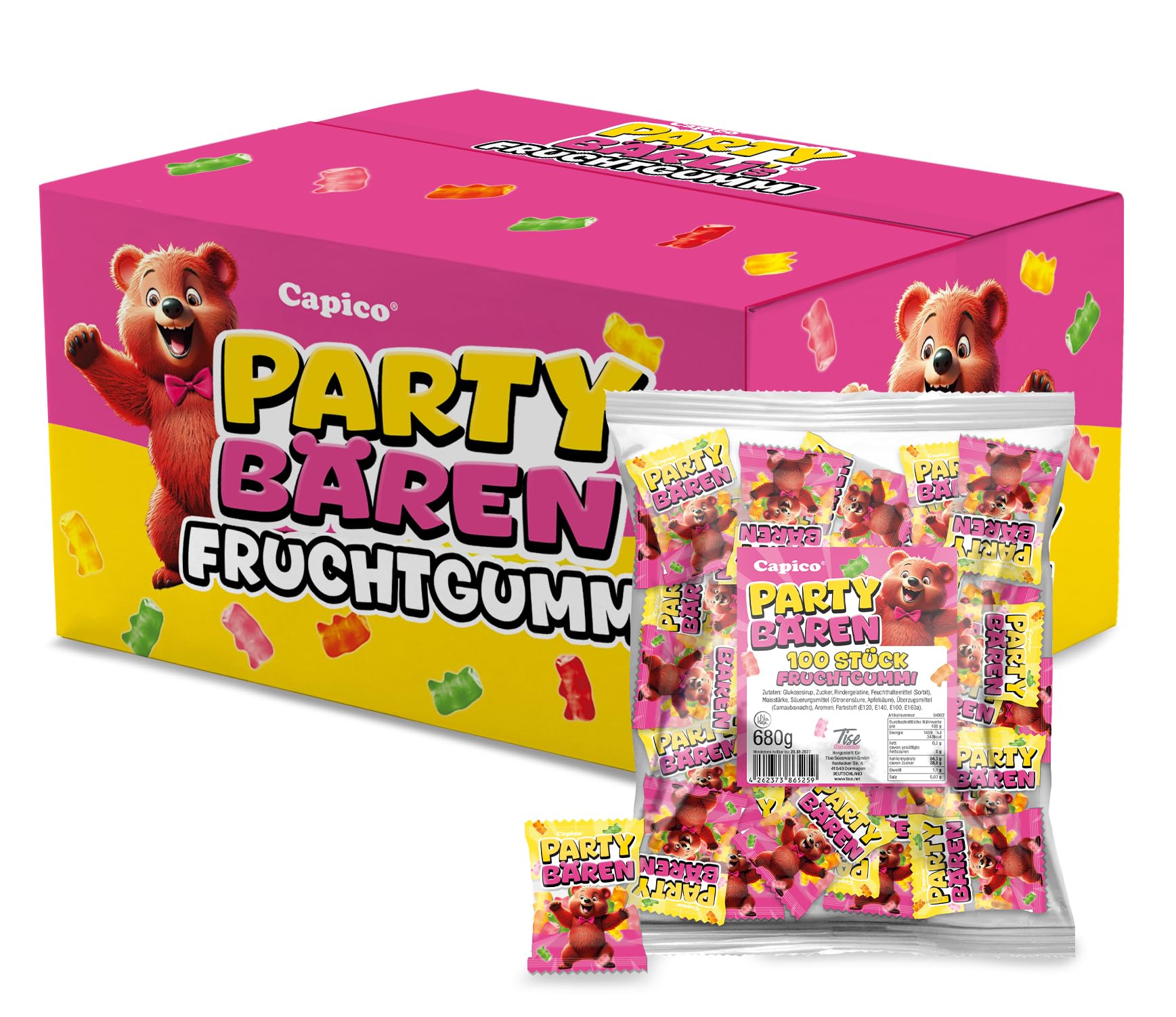 Capico Party Bären Gummibärchen Mix 100 Minibeutel (6 x 680g) einzeln verpackt perfekt geeignet als Wurfmaterial für Karneval, Süßigkeiten Großpackung, Give-away/Halal