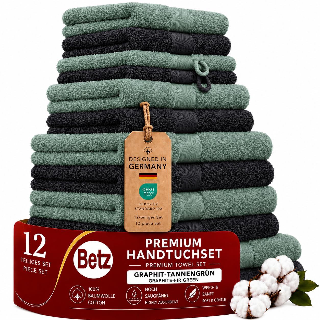 Betz Lot de 12 Serviettes Premium 2 draps de Bain 4 Serviettes de Toilette 2 Serviettes d'invité 2 lavettes 2 Gants de Toilette 100% Coton Couleur Graphite & Vert Sapin