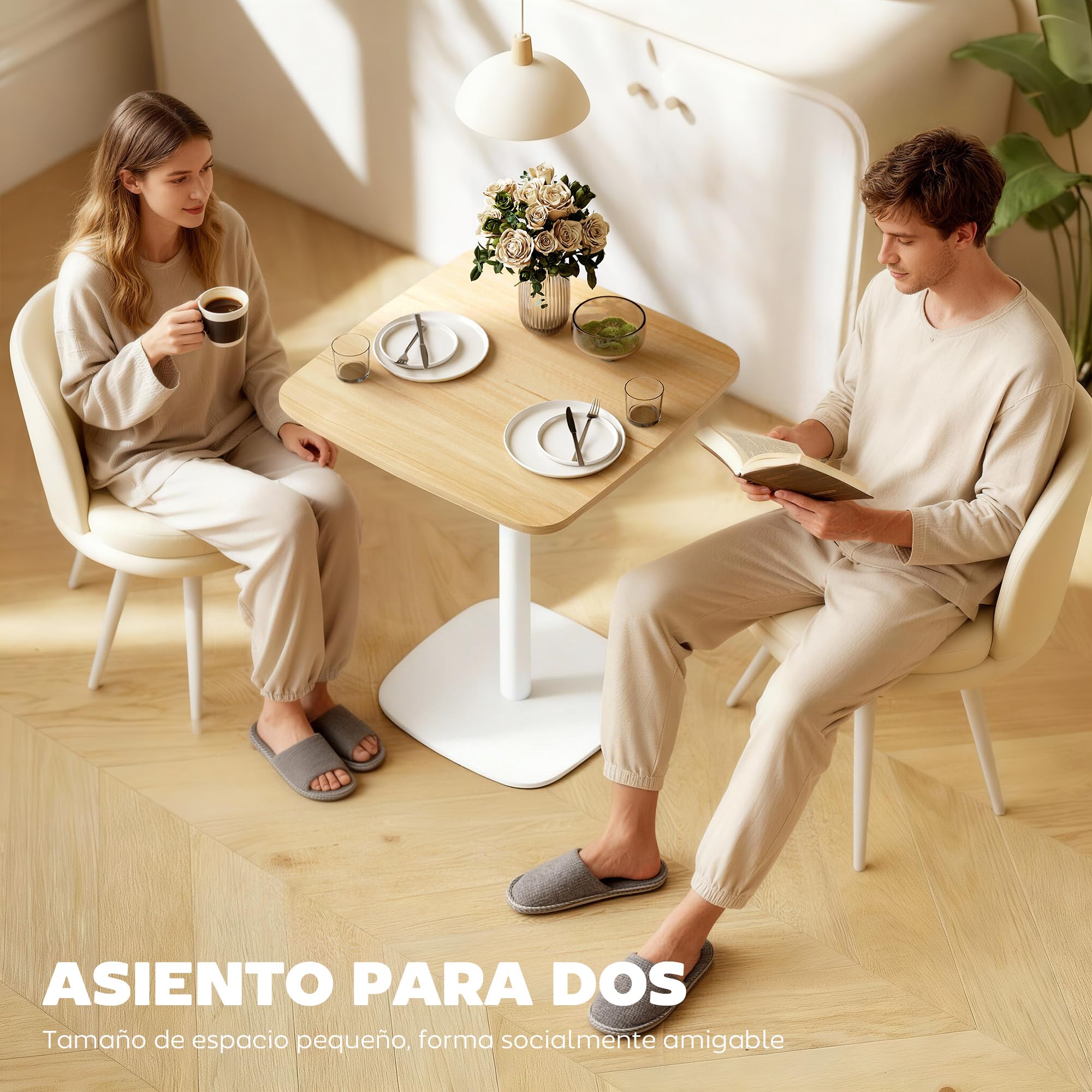 HOMCOM Mesa de Comedor Pequeña para 2 60x60x75cm Madera Natural y Blanco | Mesa de Cocina Cuadrada para 2 Personas, Base Cuadrada de Acero, para Espacios Pequeños, Salón