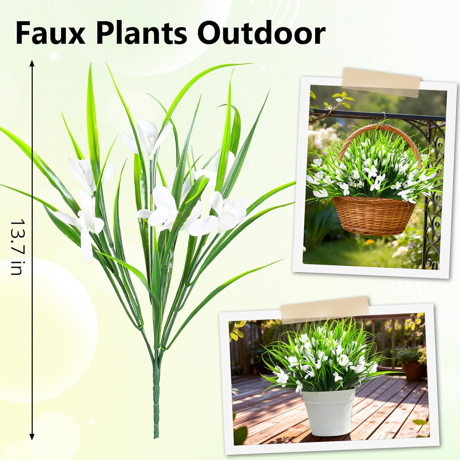 16 Bundles Artificial Plants Flowers for Outdoor Fake Monkey Grass with Flowers for Outside Planter Realistic UV Resistant Faux Plant for Garden Patio Pathway Front Porch(16, White)