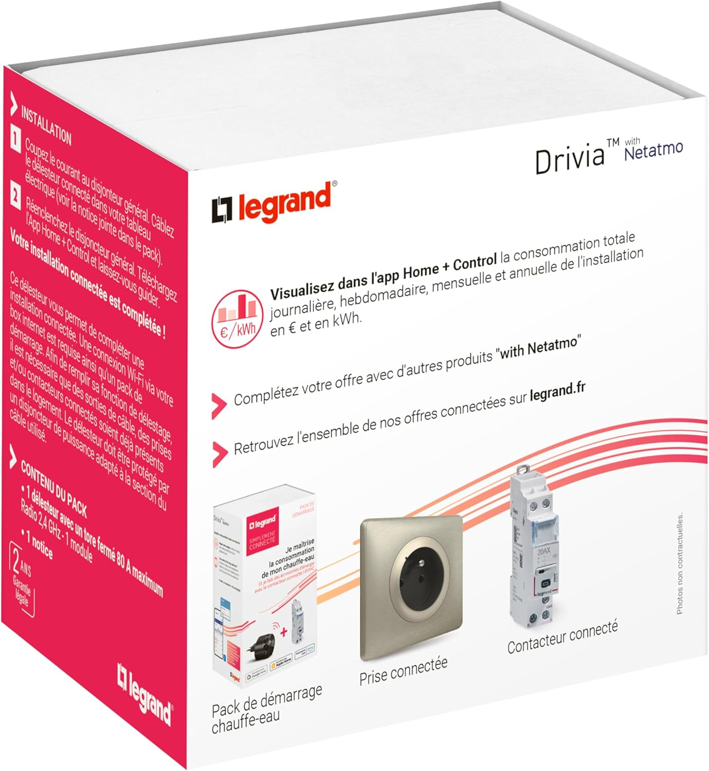 Back of the Legrand 199120 Drivia with Netatmo Connected Modular Load Shedder packaging, showing app interface for consumption monitoring and other compatible products.