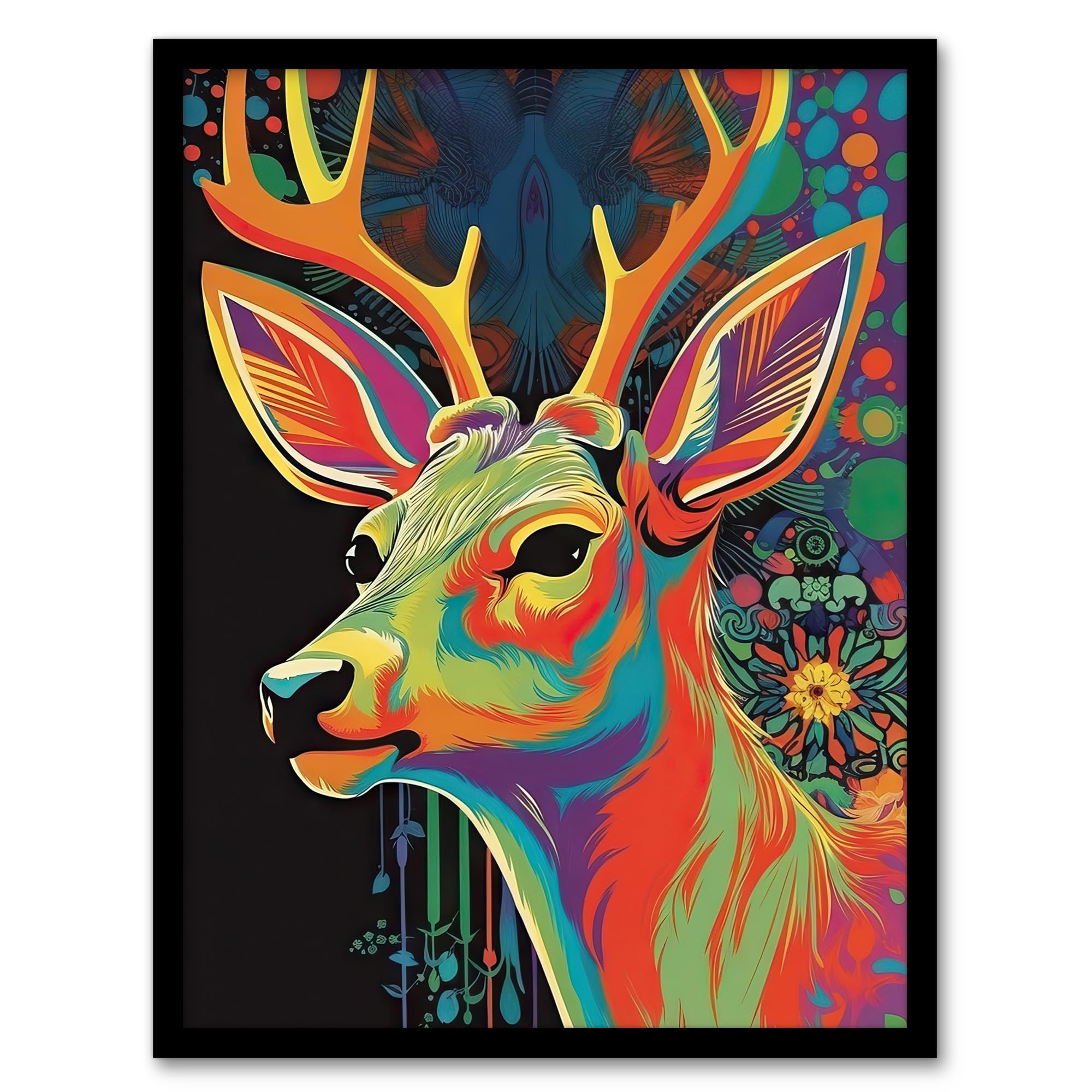Artery8 Psychedelic Buck Multicoloured Deer Abstract Painting Vibrant Bold Bright Colourful Painting Artwork Framed Wall Art Print 18X24 Inch