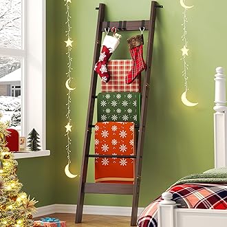 Blanket Ladder for Living Room, Decorative Quilt Rack with 4 Removable Hooks, 6-Tier Farmhouse Ladder Holder Shelf Organizer for Bedroom, Black Tea Brown and Black BR31520B