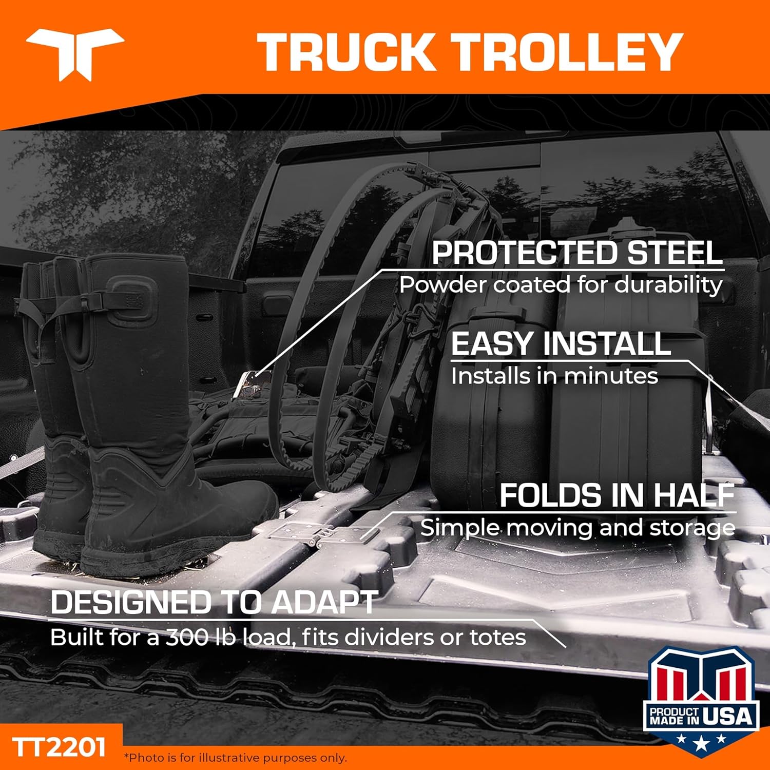 Lightweight Truckbed Trolley System fits Any Full Size Pickup with D-Loops | 300 lbs Weight Rating | Easy Installation | Collapsible | L 62.5" x W 47.75" x H 10.5" | TT2201