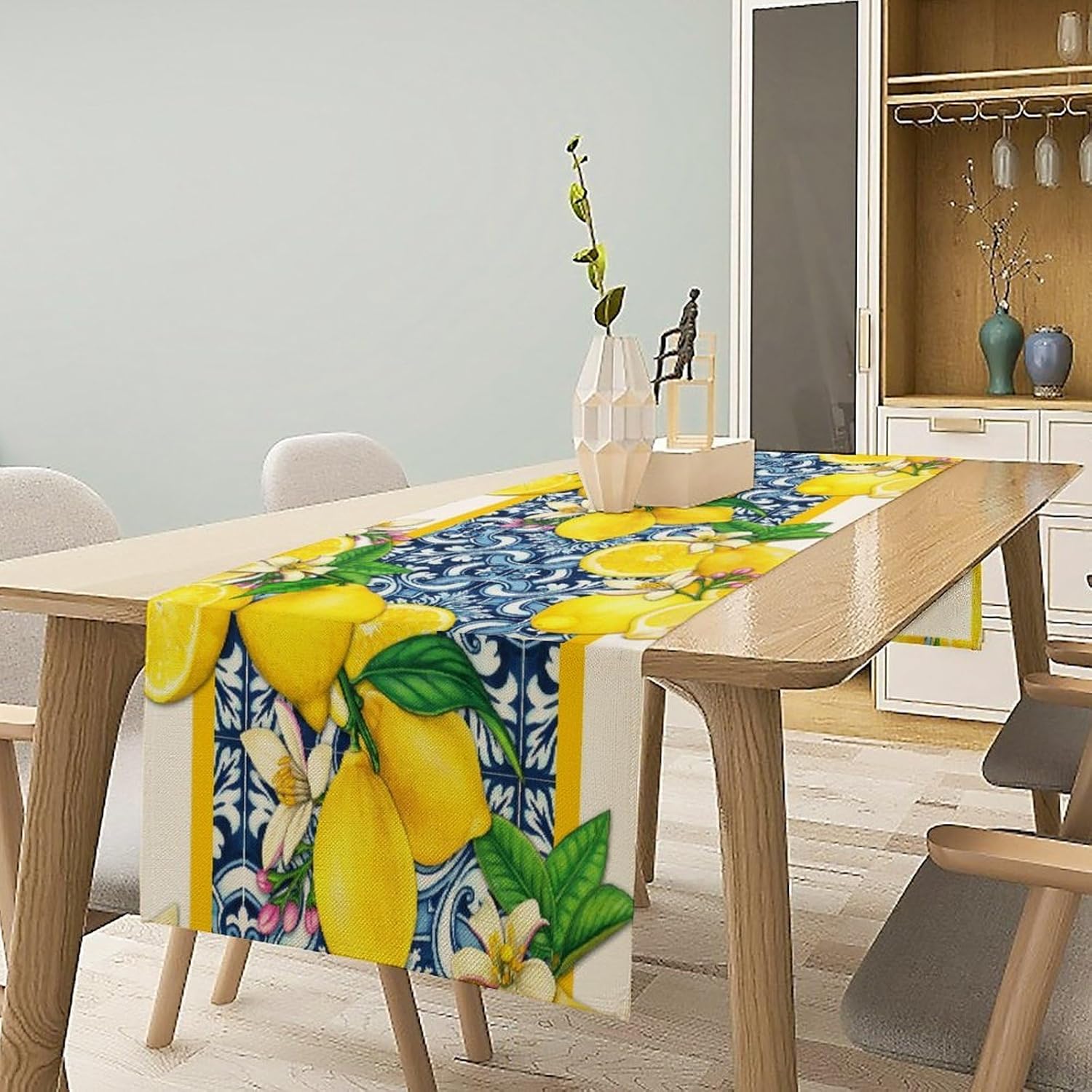 Modern Fruit Table Runner, Rustic Boho Yellow Lemon Plants Floral Leaves Art Exotic Blue Porcelain Seamless Pattern Table Decoration For Party Living Room Kitchen Dining Coffee Table 13x108in x1 Panel
