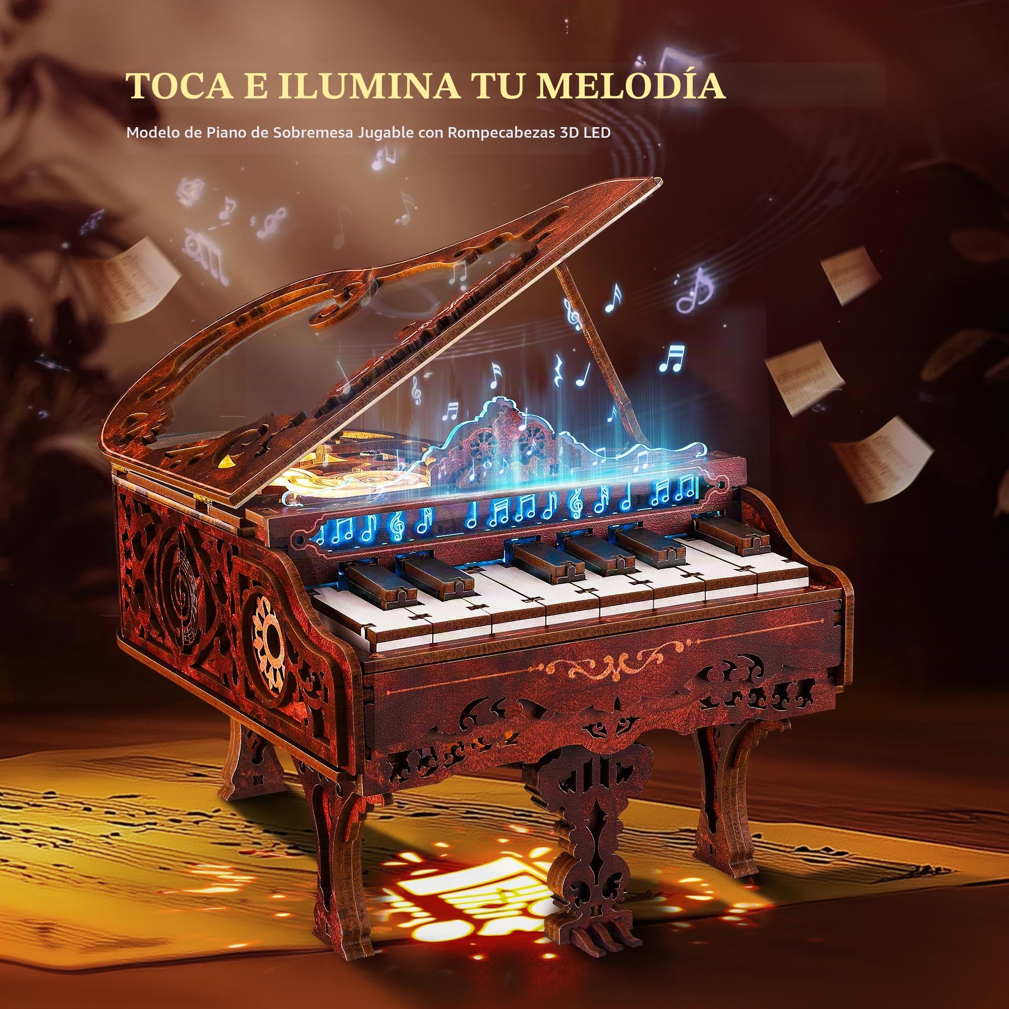 FUNPOLA LED Kit de 3D Wood Puzzle Piano, Modelo de Teclado de Madera Jugable con Luces LED, Kit de Manualidades Interactivo y Digital Piano Puzzle para Adultos（14+）