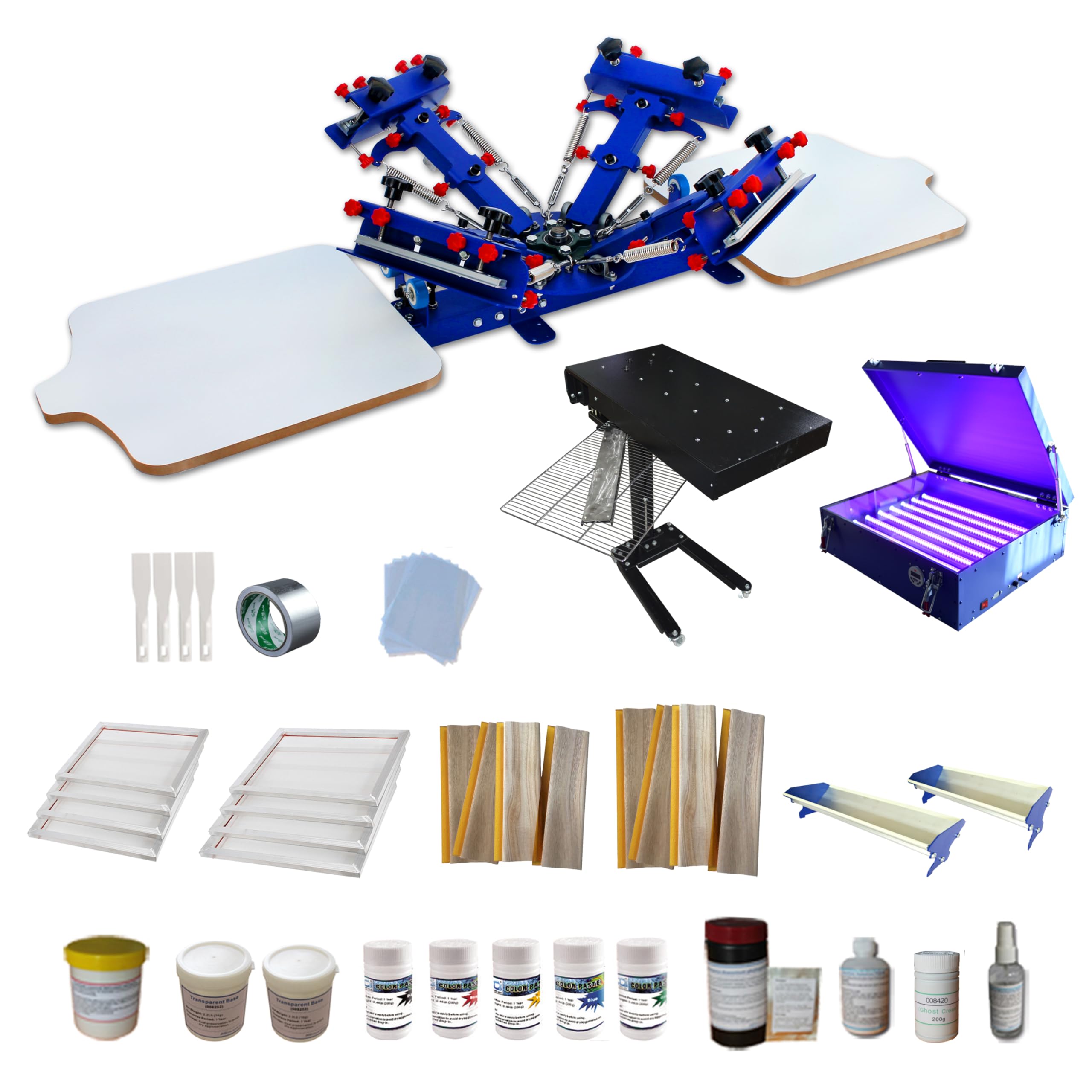 TECHTONGDA 4 Color 2 Station Screen Printing Kit Silk Screen Printing Machine Benchtop Press with Flash Dryer UV Exposure Unit Squeegee Frame Accessory