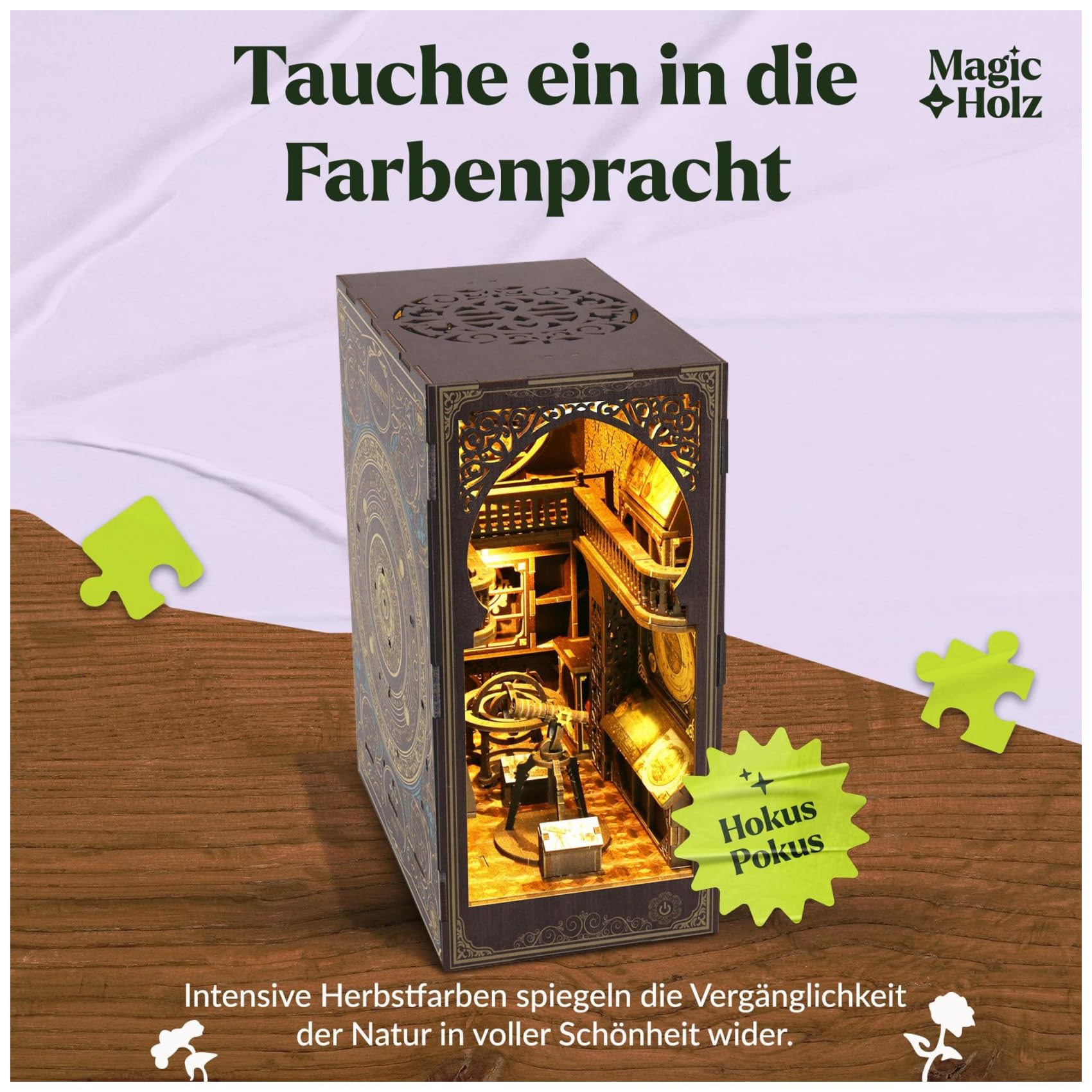 MaHo MagicHolz – Book Nook Astronomie Museum – DIY Book Nook Kit aus Holz – Booknook Diorama Miniatur Bausatz mit LED Lampe – 3D Puzzle Bücherregal Deko & DIY Buchstütze basteln