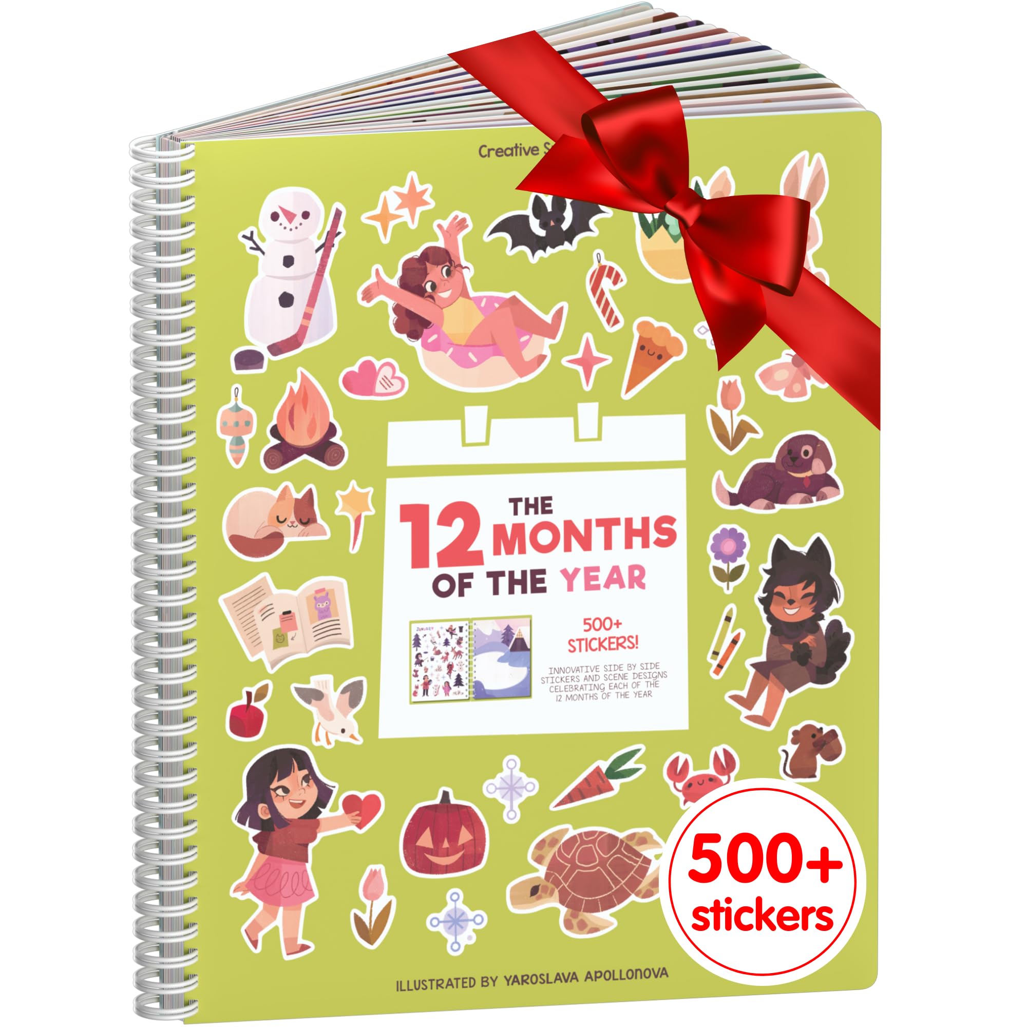 12 Months Sticker + Coloring Book (500+ Calendar Stickers for Kids & 12 Coloring Pages) Side by Side Activity Book, Fun Sticker Books, Boys & Girls Ages 2-4, 4-8, 8-10
