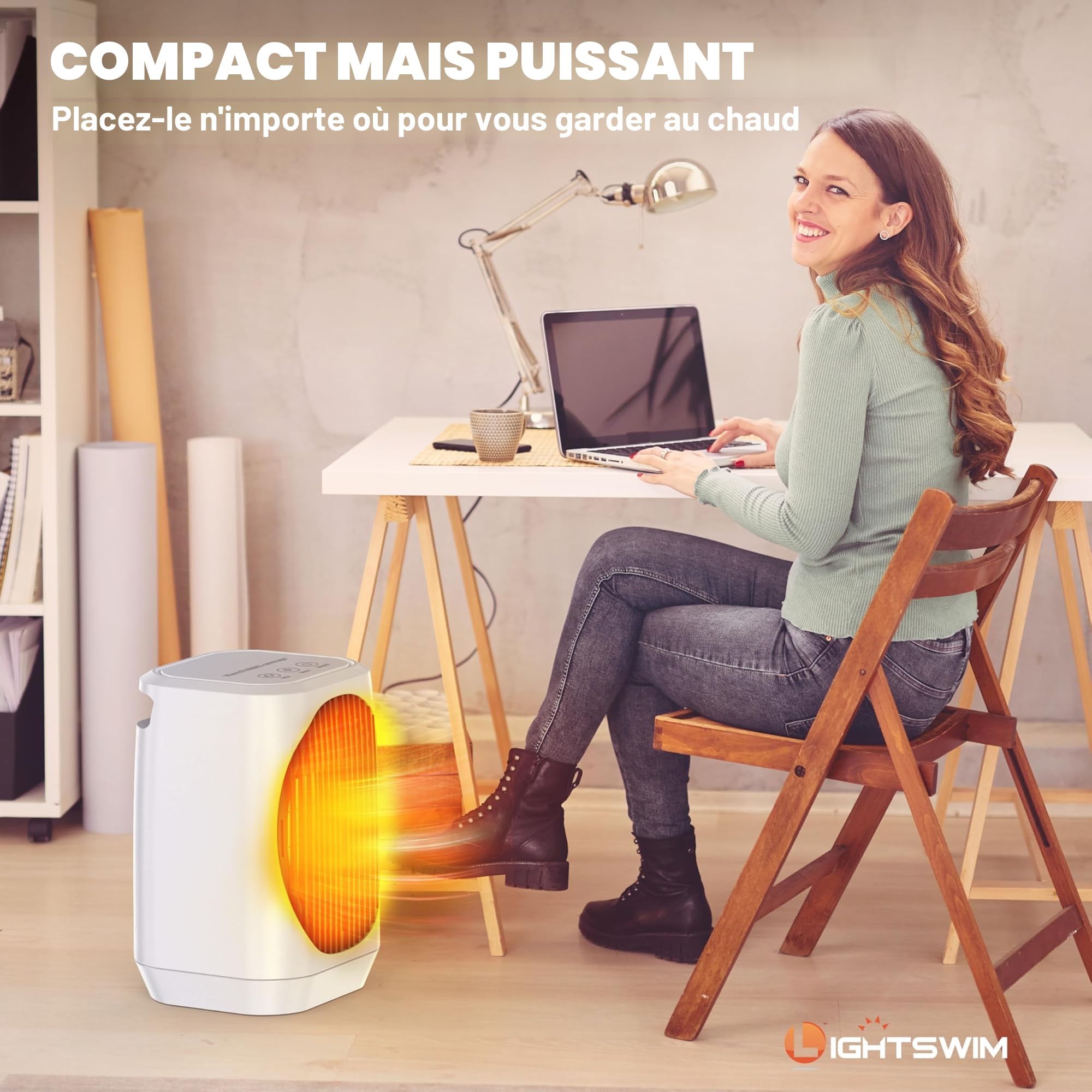 Lightswim Chauffage d'appoint électrique portable oscillant à 70°, 1200 W PTC en céramique avec 3 modes, mini chauffage/refroidisseur pour bureau, chambre, intérieur (blanc)