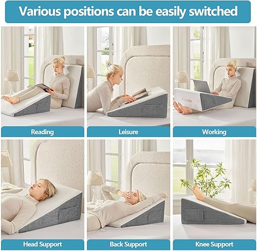 Miniatura 2 de Almohada de cuña para dormir y descansar, cojín de espuma viscoelástica de 24 x 24 x 10 pulgadas con funda de poliéster estampada gris y blanco,