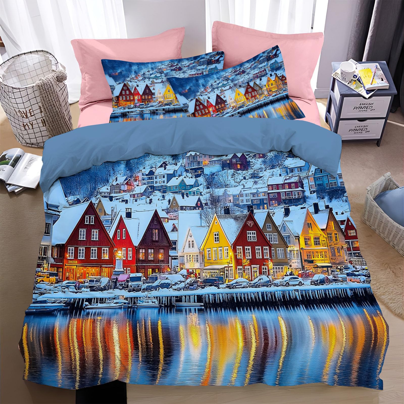 Parure de lit 200x200 ville en hiver pour créer une ambiance cocooning dans la chambre