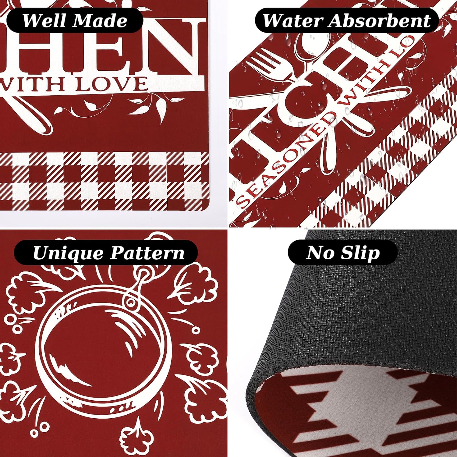 XLHOMO Red Kitchen Mats for Floor, 3 Pieces Non Slip Cushioned Kitchen Runner Rugs with Grid Design, Waterproof Comfort Mat Farmhouse Chef Runners Carpet for Sink, Bathroom