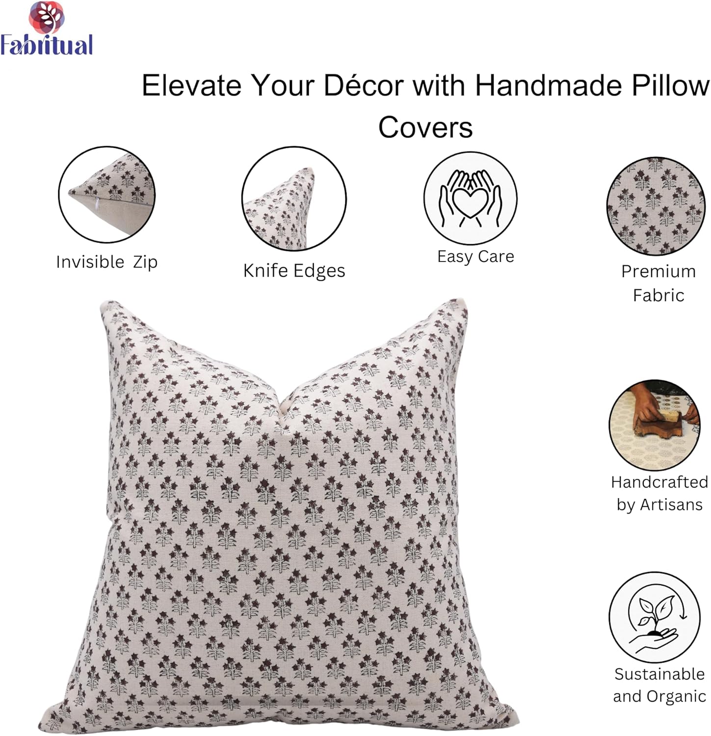 Block Print Duck Canvas 20X20 Throw Pillowcase Cushion Cover with Zipper for Sofa, Couch and Bed, Fall Decoration, Farmhouse, Outdoor, Living Room, Home Décor, Kesriya, White
