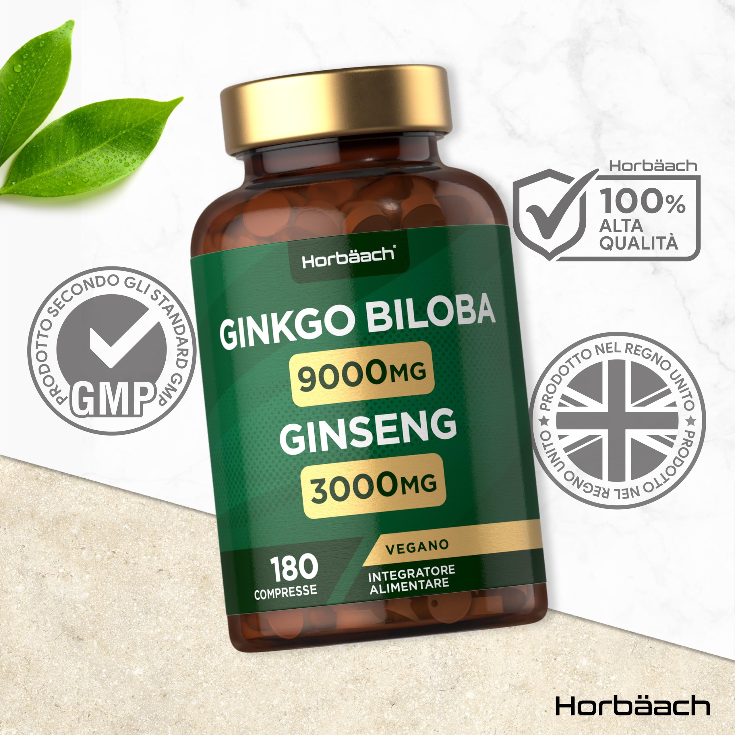 Ginkgo Biloba e Ginseng Integratore 12000mg | 180 Compresse Vegane | Ginkgo 9000 mg e Radice di Ginseng Coreano 3000 mg | di Horbaach