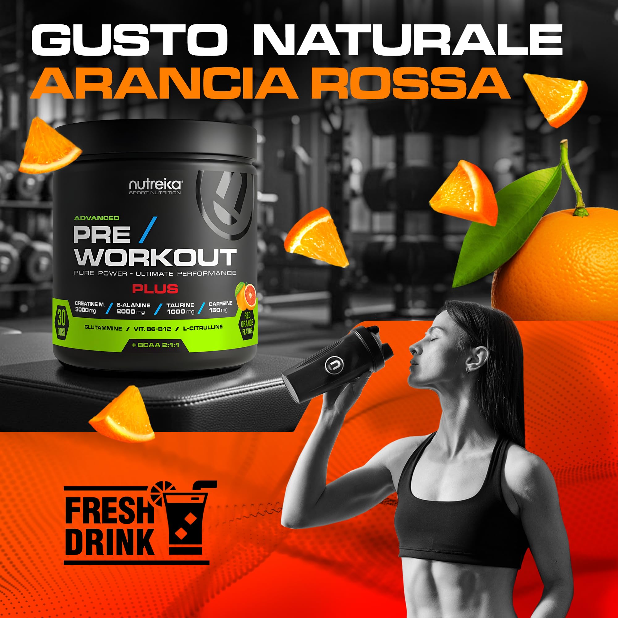 Nutreika Pre Workout Potente + Creatina Monoidrata Pura - 30 Dosi | Preworkout Forte in Polvere Concentrata 300g - Energia, Forza, Focus per Palestra, Clean Formula Made in Italy